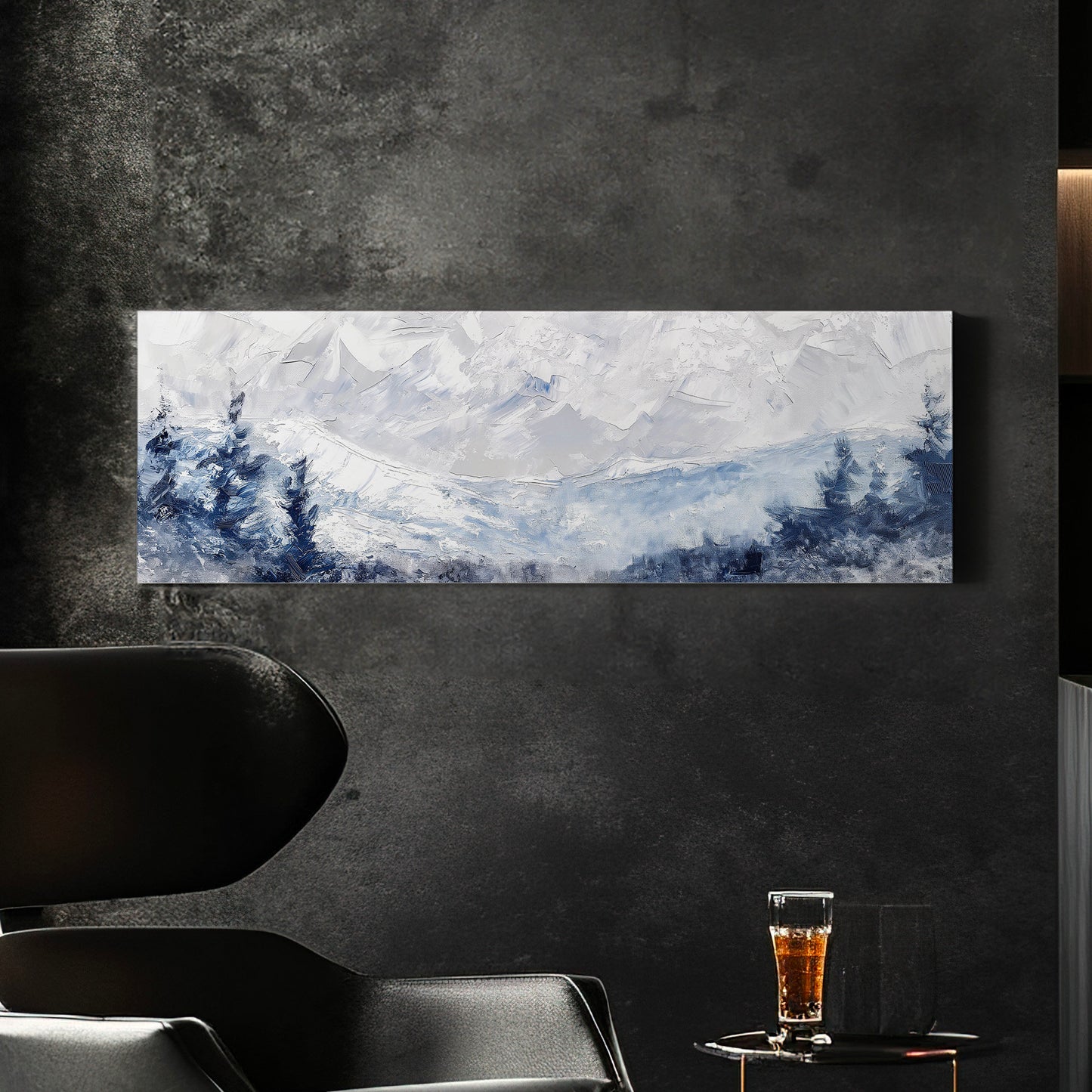 Snowy Pine Forest Long Horizontal Wall Art Above Bed, Panoramic Mountains Canvas Print, Light Blue Decor Canvas Art