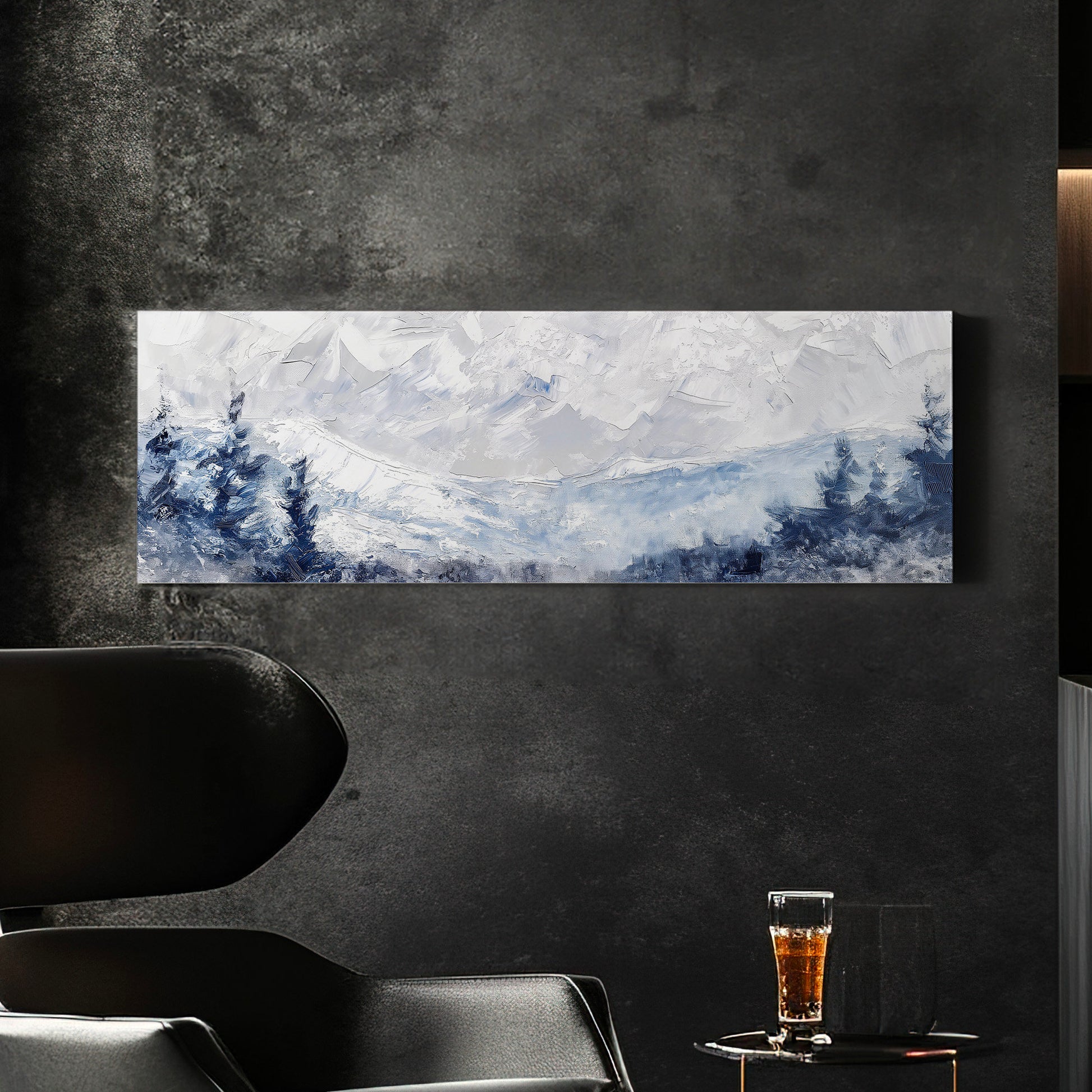 Snowy Pine Forest Long Horizontal Wall Art Above Bed, Panoramic Mountains Canvas Print, Light Blue Decor Canvas Art