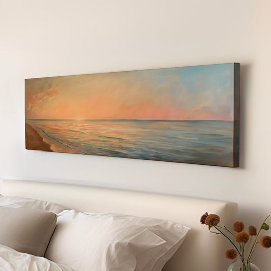 Seascape Sunset Long Horizontal Wall Art For Bedroom, Panoramic Coastal Canvas Print, Beautiful Colors Decor Canvas Art
