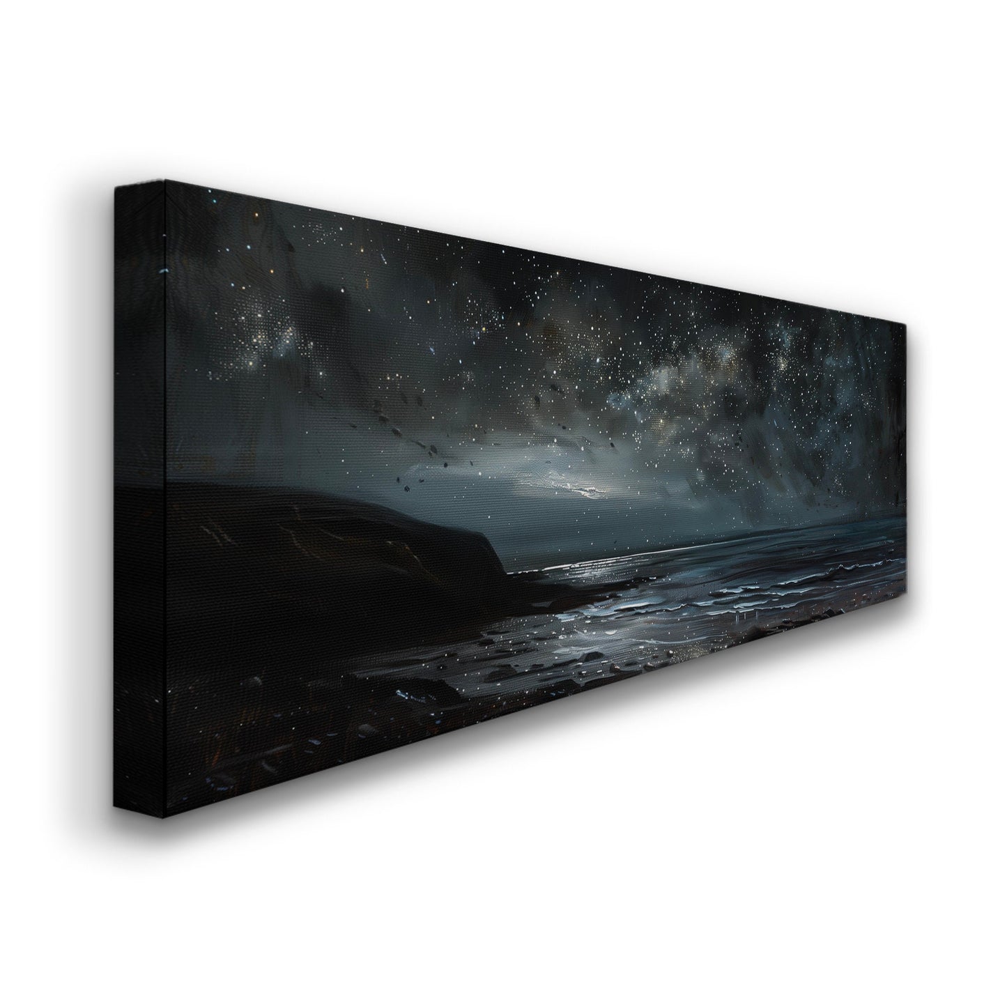 Sea Shore at Night Long Horizontal Wall Art For Bedroom, Panoramic Beautiful Mountain Canvas Print, Moody Night Decor Canvas Art
