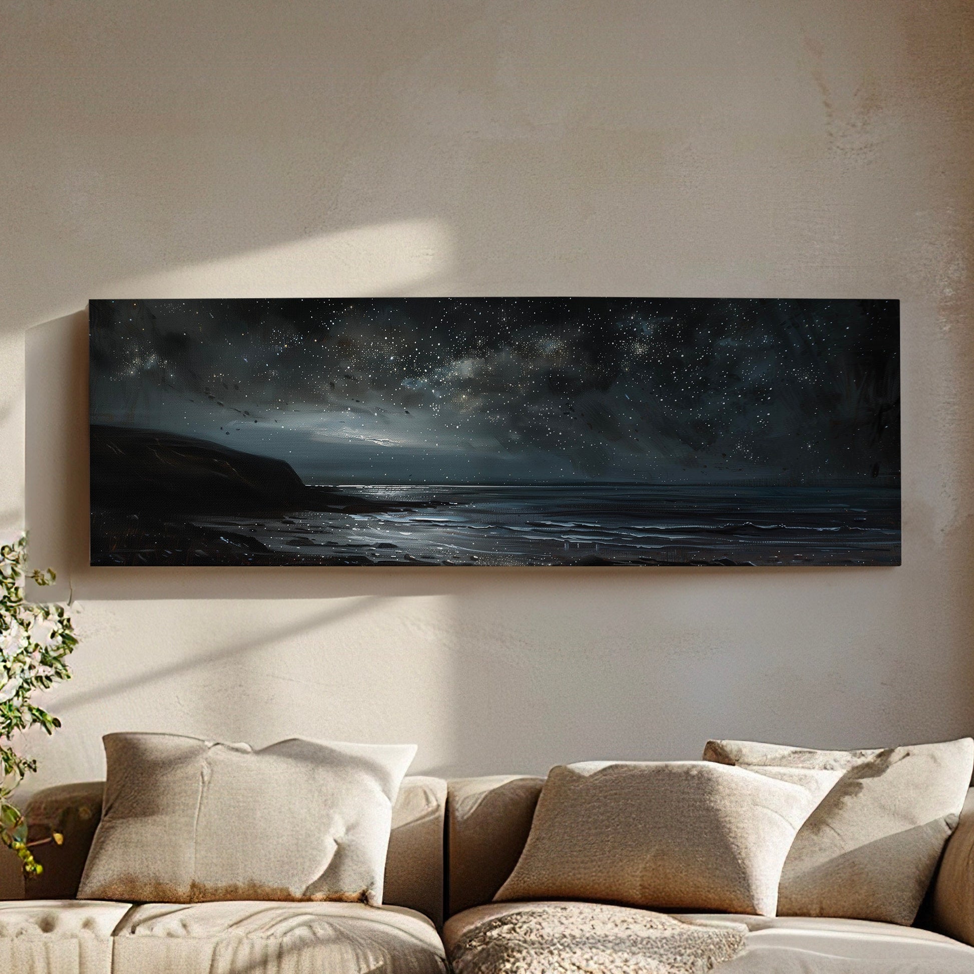 Sea Shore at Night Long Horizontal Wall Art For Bedroom, Panoramic Beautiful Mountain Canvas Print, Moody Night Decor Canvas Art