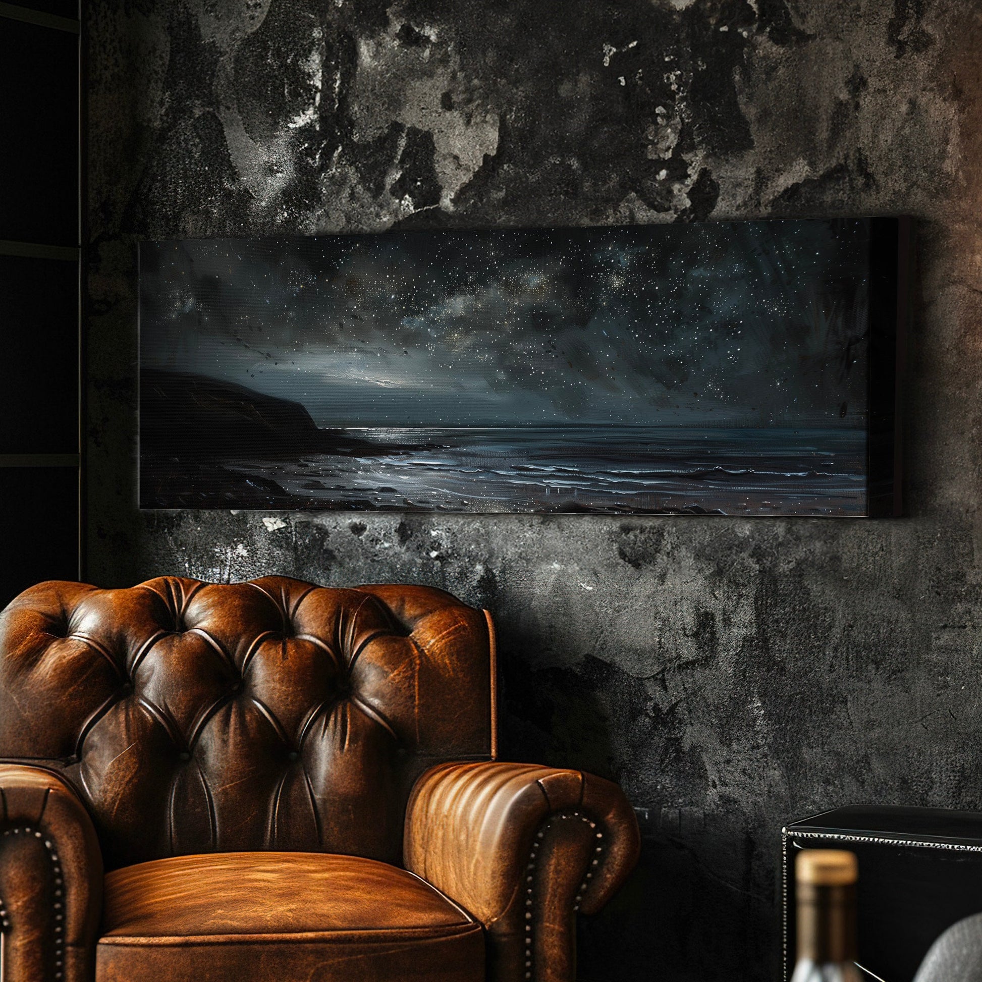 Sea Shore at Night Long Horizontal Wall Art For Bedroom, Panoramic Beautiful Mountain Canvas Print, Moody Night Decor Canvas Art