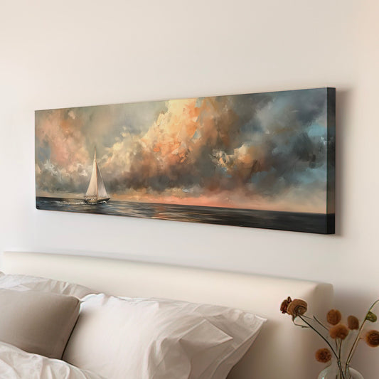Sailing Seascape Long Horizontal Wall Art For Living Room, Panoramic Sailboat Canvas Print, Lake House Decor Canvas Art