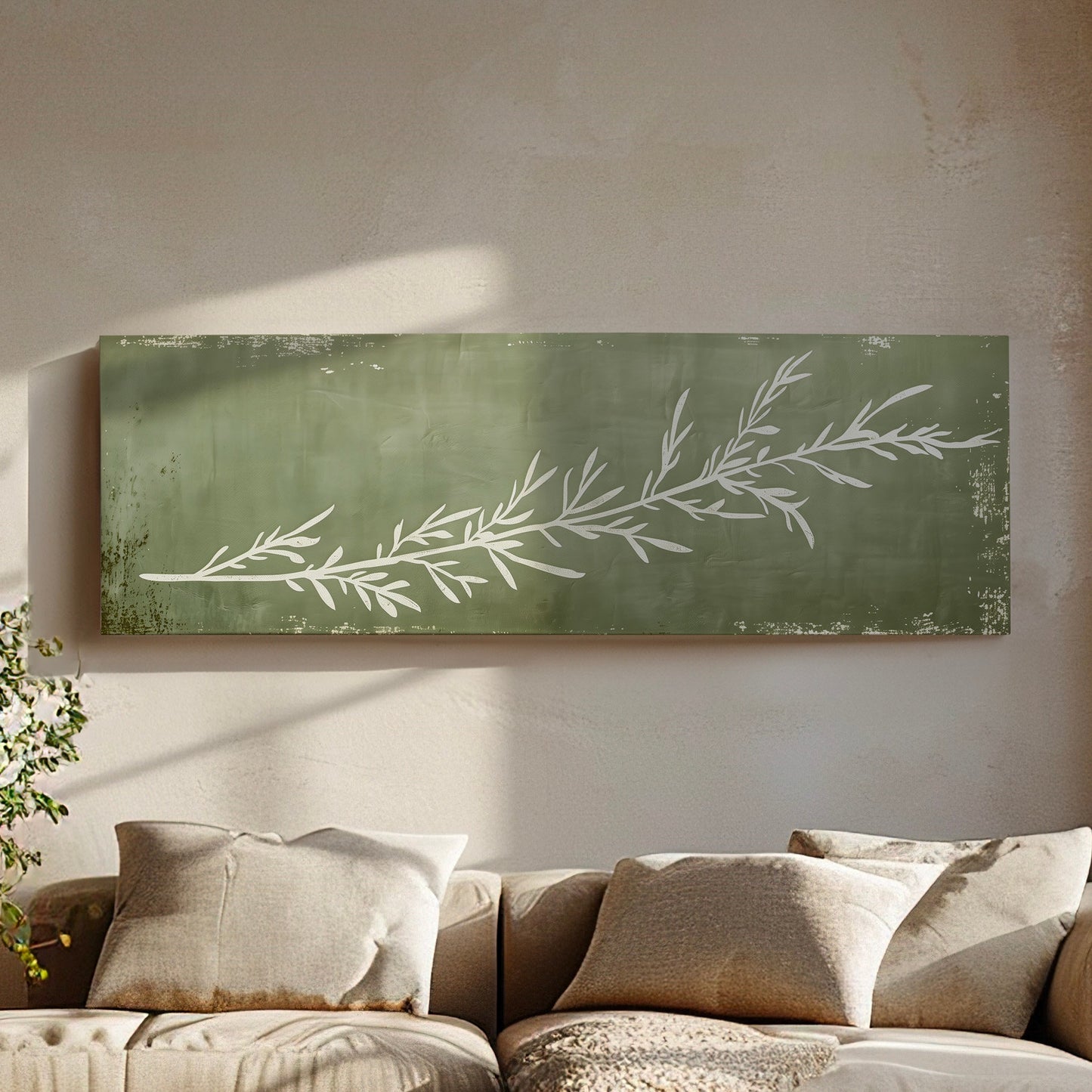 Rosemary Plant Long Horizontal Wall Art For Kitchen, Panoramic Botanical Canvas Print, Olive Green Decor Canvas Art