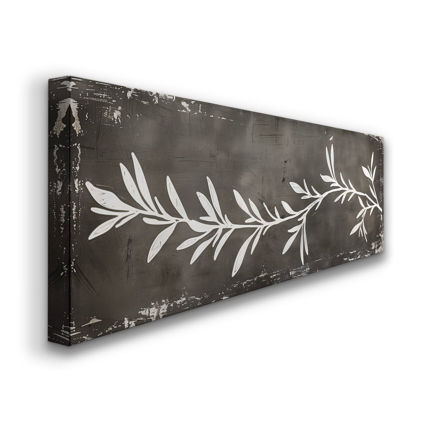 Rosemary Plant Long Horizontal Wall Art For Kitchen, Panoramic Botanical Canvas Print, Dark grey Decor Canvas Art
