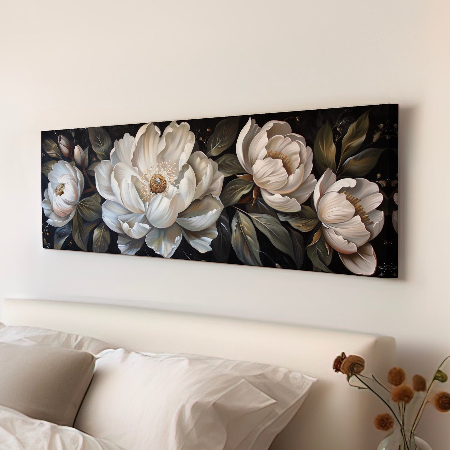Rennaisance Floral Long Horizontal Wall Art For Guestroom, Panoramic Beautiful Flower Canvas Print, Botanical Decor Canvas Art