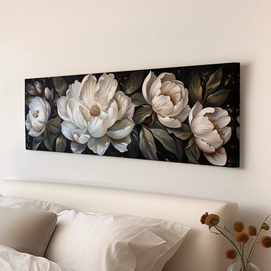 Rennaisance Floral Long Horizontal Wall Art For Guestroom, Panoramic Beautiful Flower Canvas Print, Botanical Decor Canvas Art