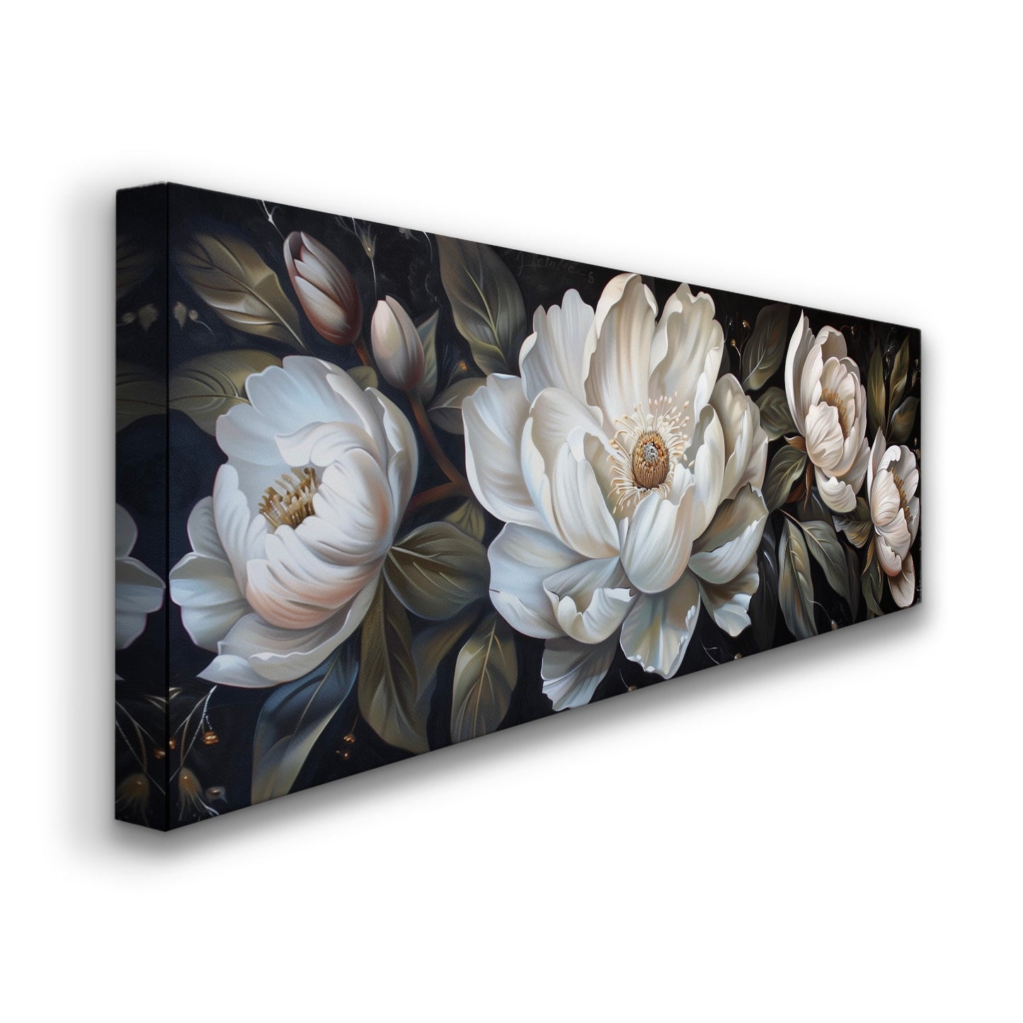 Rennaisance Floral Long Horizontal Wall Art For Guestroom, Panoramic Beautiful Flower Canvas Print, Botanical Decor Canvas Art