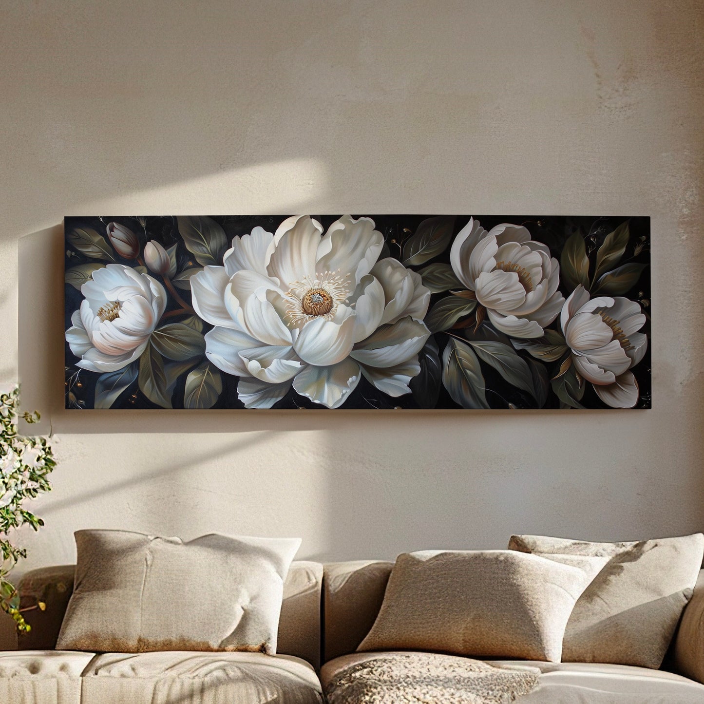 Rennaisance Floral Long Horizontal Wall Art For Guestroom, Panoramic Beautiful Flower Canvas Print, Botanical Decor Canvas Art