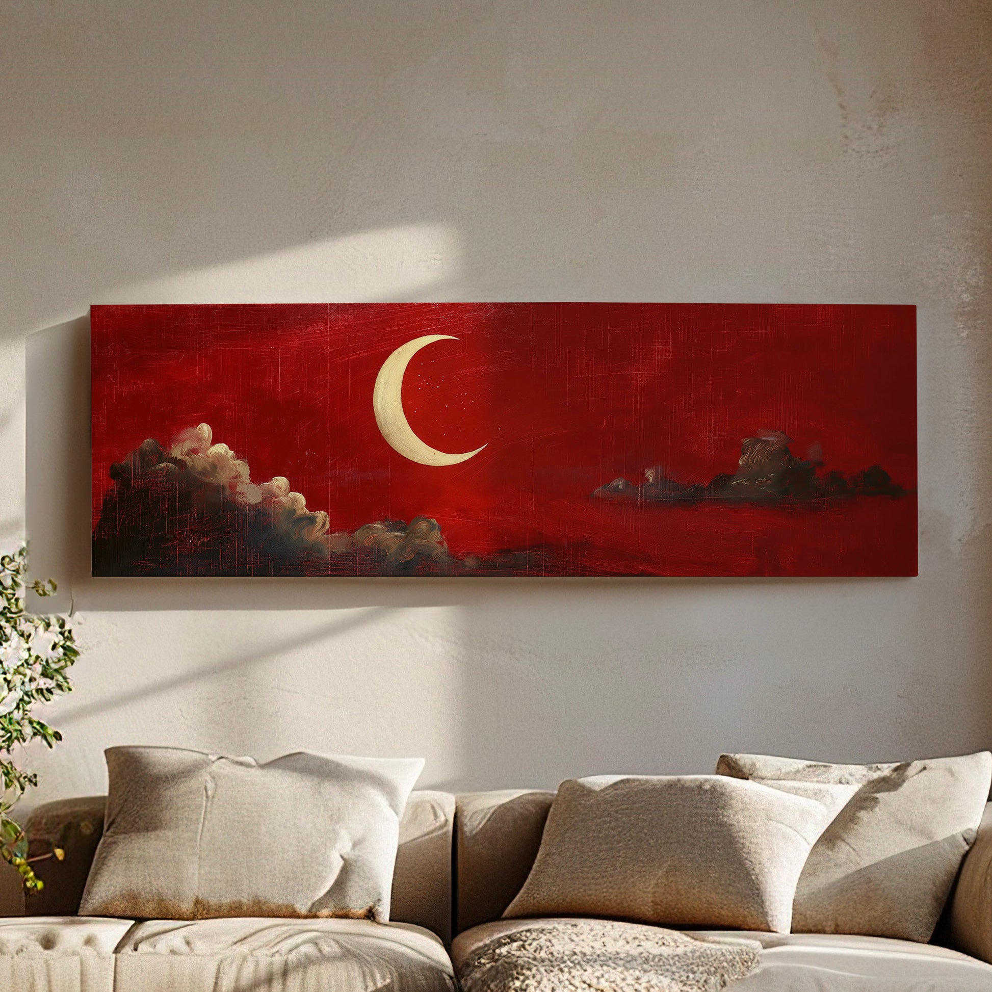 Red Half Moon Long Horizontal Wall Art Above Bed, Panoramic Moody Sky Canvas Print, Lunar Decor Canvas Art