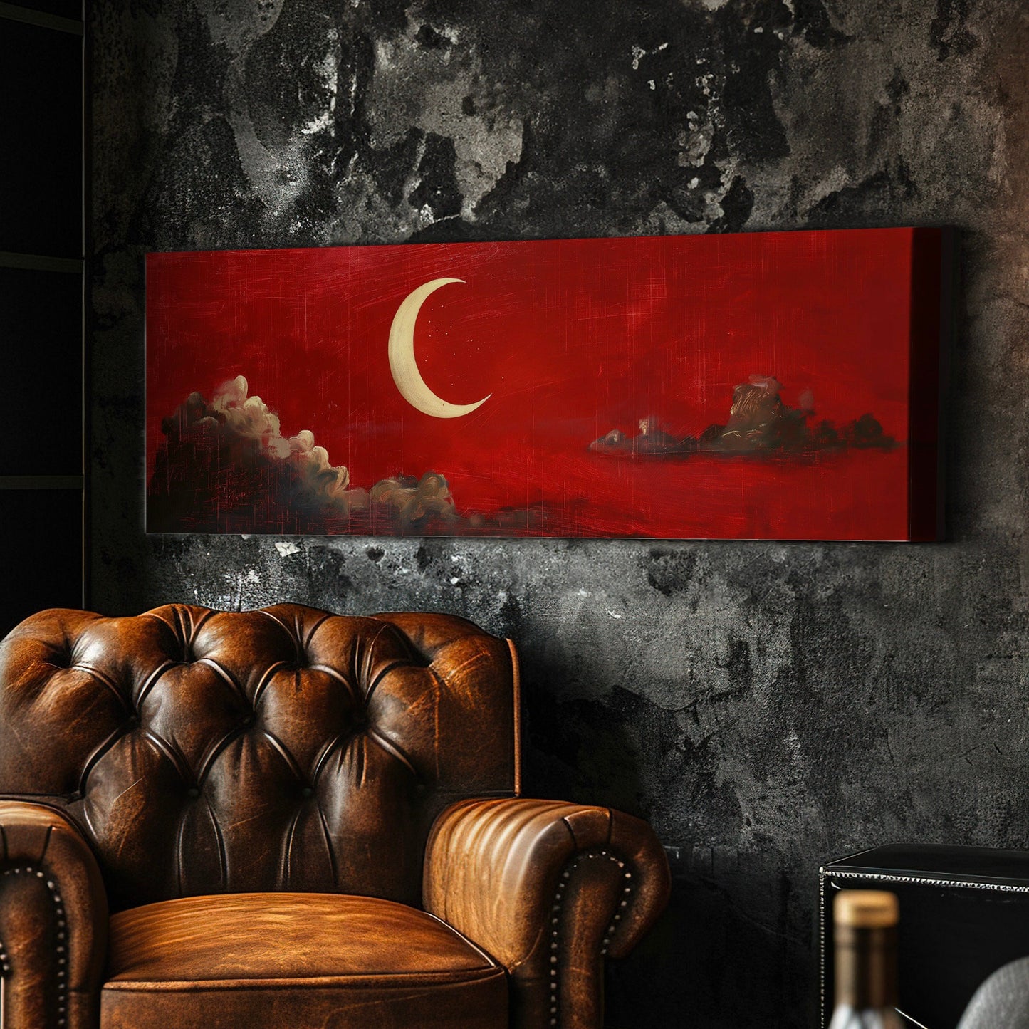 Red Half Moon Long Horizontal Wall Art Above Bed, Panoramic Moody Sky Canvas Print, Lunar Decor Canvas Art
