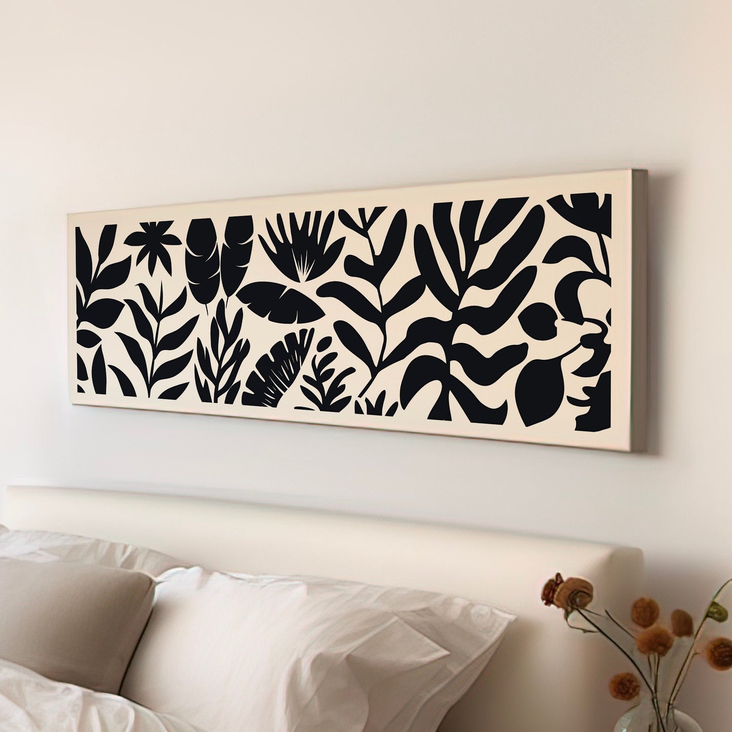 Rain Forest Minimal Long Horizontal Wall Art For Bedroom, Panoramic Black And White Canvas Print, Minimal Vector Decor Canvas Art