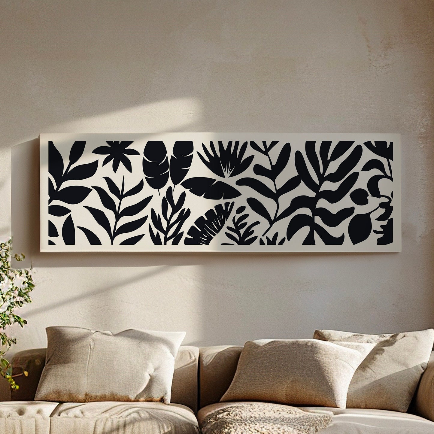Rain Forest Minimal Long Horizontal Wall Art For Bedroom, Panoramic Black And White Canvas Print, Minimal Vector Decor Canvas Art