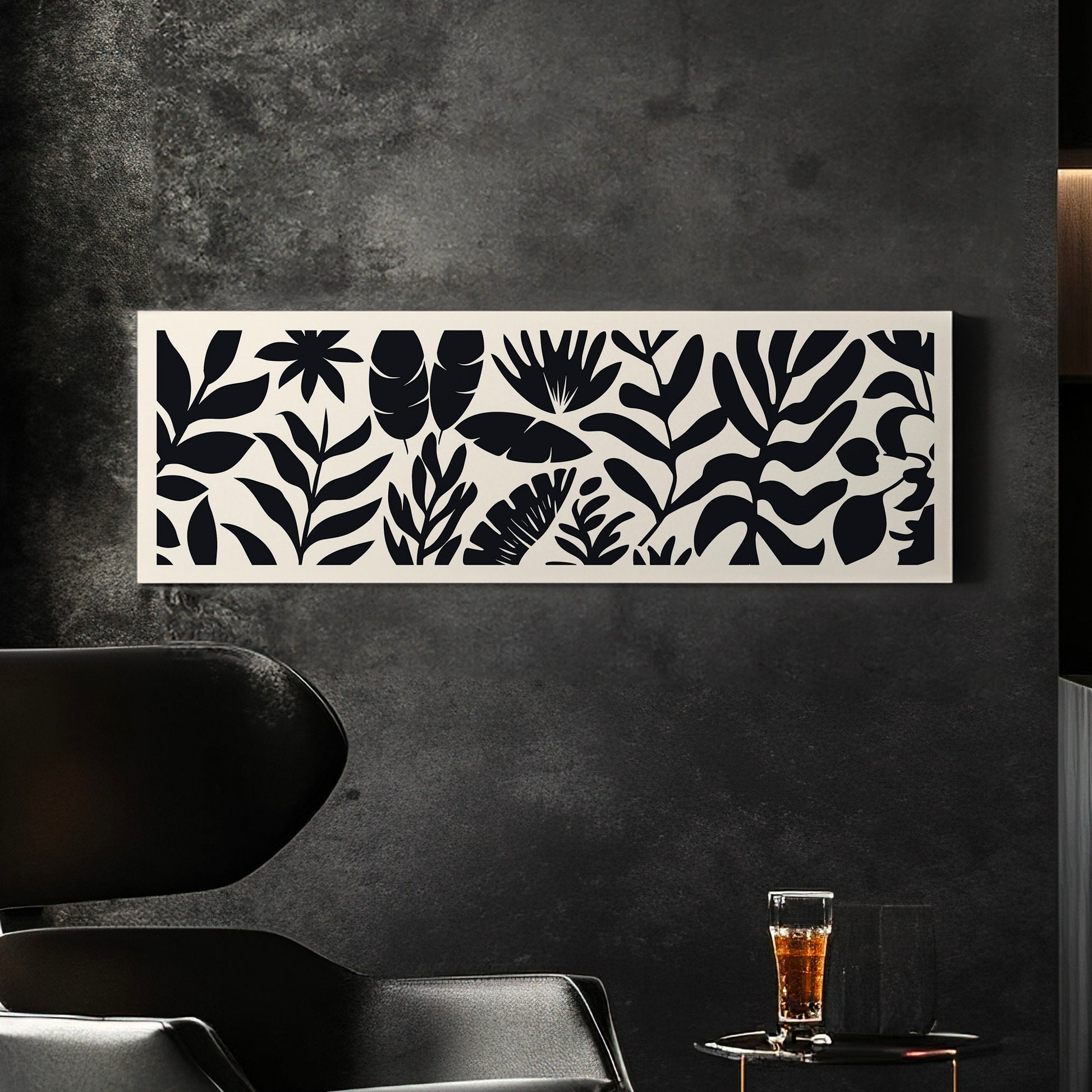 Rain Forest Minimal Long Horizontal Wall Art For Bedroom, Panoramic Black And White Canvas Print, Minimal Vector Decor Canvas Art