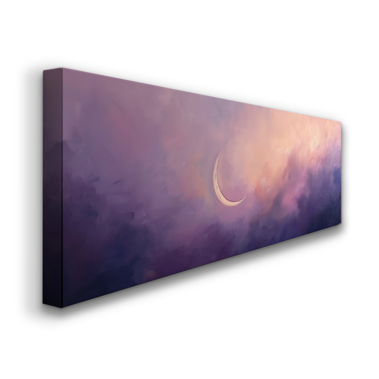Purple Crescent Moon Long Horizontal Wall Art For Bedroom, Panoramic Lavender Sky Canvas Print, Moody Cloud Decor Canvas Art