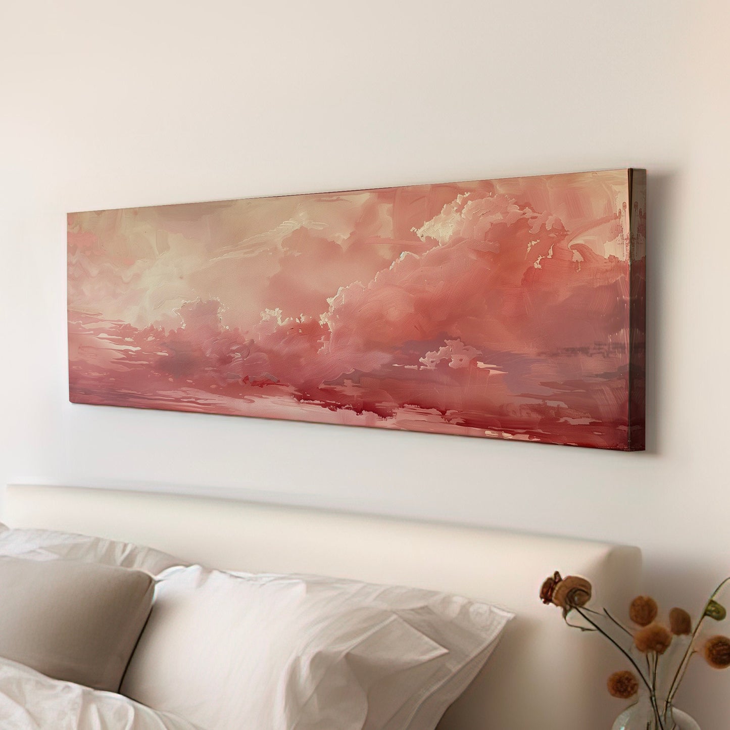 Pink Cloudy Sky Long Horizontal Wall Art For Bedroom, Panoramic Aestetic Canvas Print, Moody Decor Canvas Art