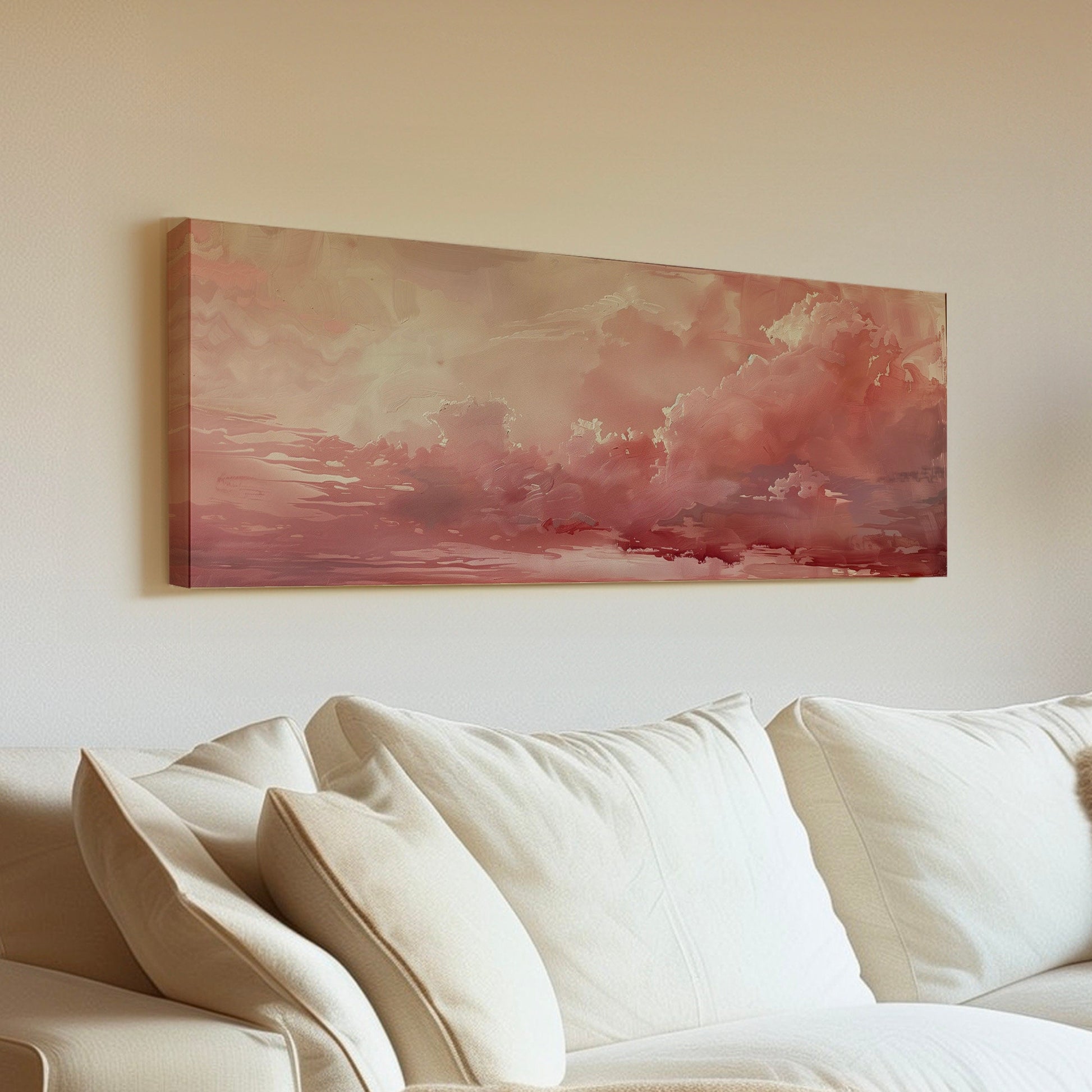 Pink Cloudy Sky Long Horizontal Wall Art For Bedroom, Panoramic Aestetic Canvas Print, Moody Decor Canvas Art