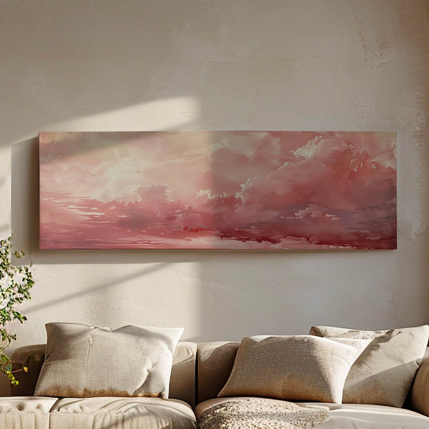 Pink Cloudy Sky Long Horizontal Wall Art For Bedroom, Panoramic Aestetic Canvas Print, Moody Decor Canvas Art