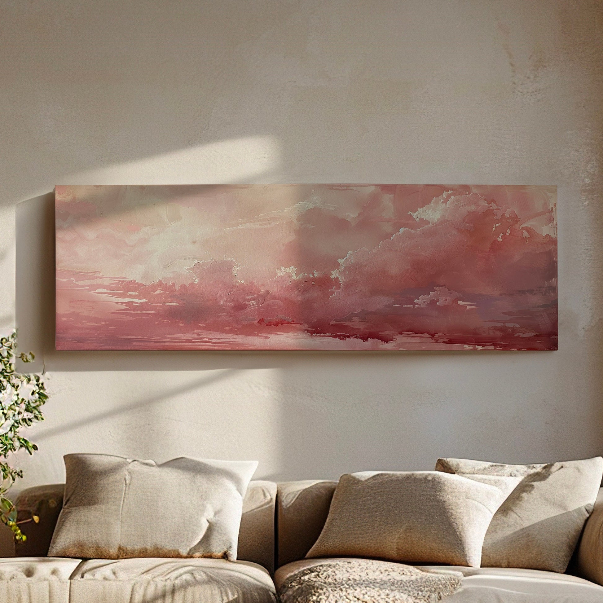 Pink Cloudy Sky Long Horizontal Wall Art For Bedroom, Panoramic Aestetic Canvas Print, Moody Decor Canvas Art