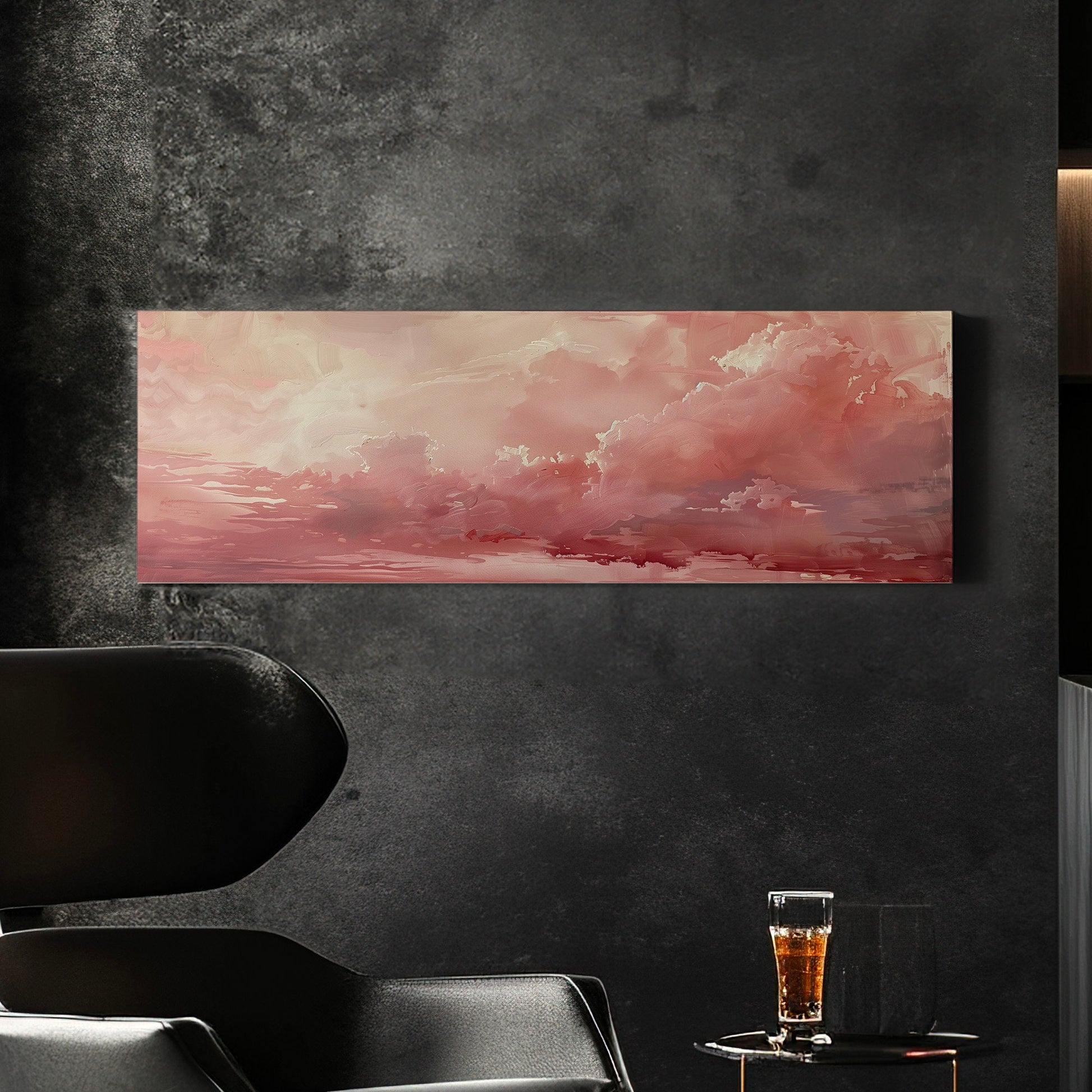 Pink Cloudy Sky Long Horizontal Wall Art For Bedroom, Panoramic Aestetic Canvas Print, Moody Decor Canvas Art