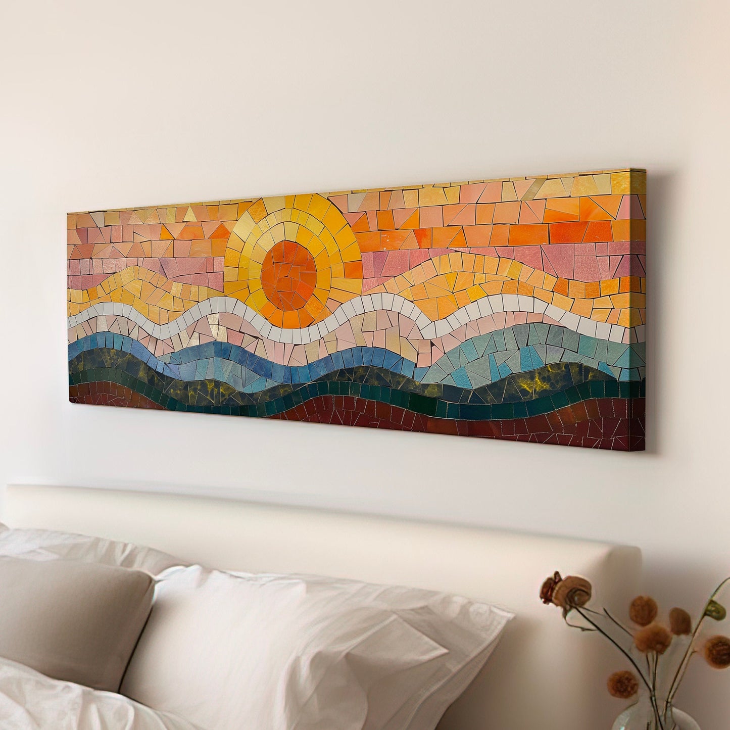 Mosaic Long Horizontal Wall Art For Living Room, Panoramic Seascape Canvas Print, Sunset Decor Canvas Art
