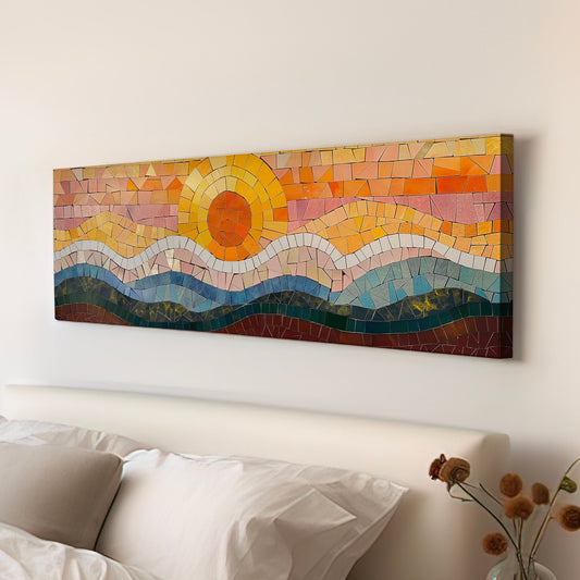 Mosaic Long Horizontal Wall Art For Living Room, Panoramic Seascape Canvas Print, Sunset Decor Canvas Art