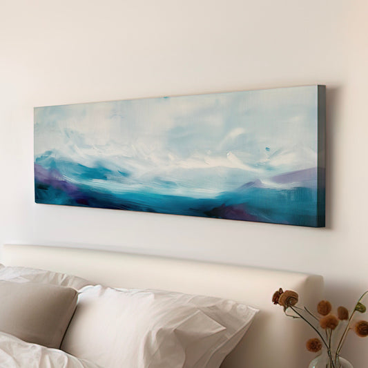 Moody Sea Long Horizontal Wall Art Above Bed, Panoramic Stormy Waves Canvas Print, Pastel Blue Decor Canvas Art