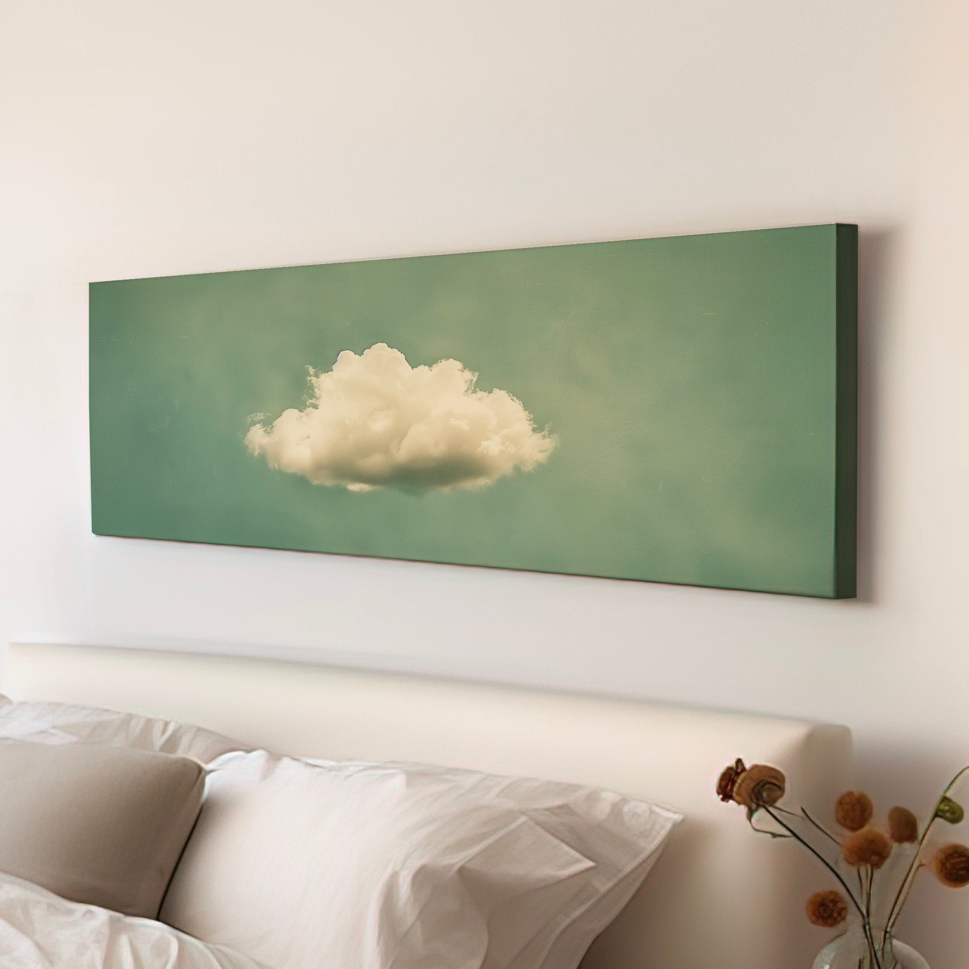 Moody Cloud Long Horizontal Wall Art For Living Room, Panoramic Sage Green Sky Canvas Print, Minimalist Decor Canvas Art