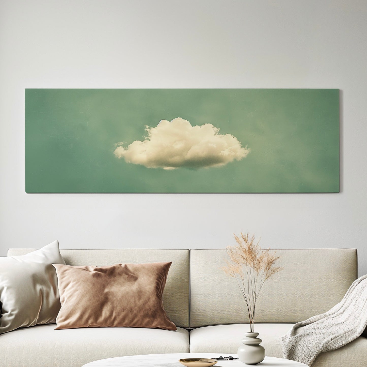 Moody Cloud Long Horizontal Wall Art For Living Room, Panoramic Sage Green Sky Canvas Print, Minimalist Decor Canvas Art
