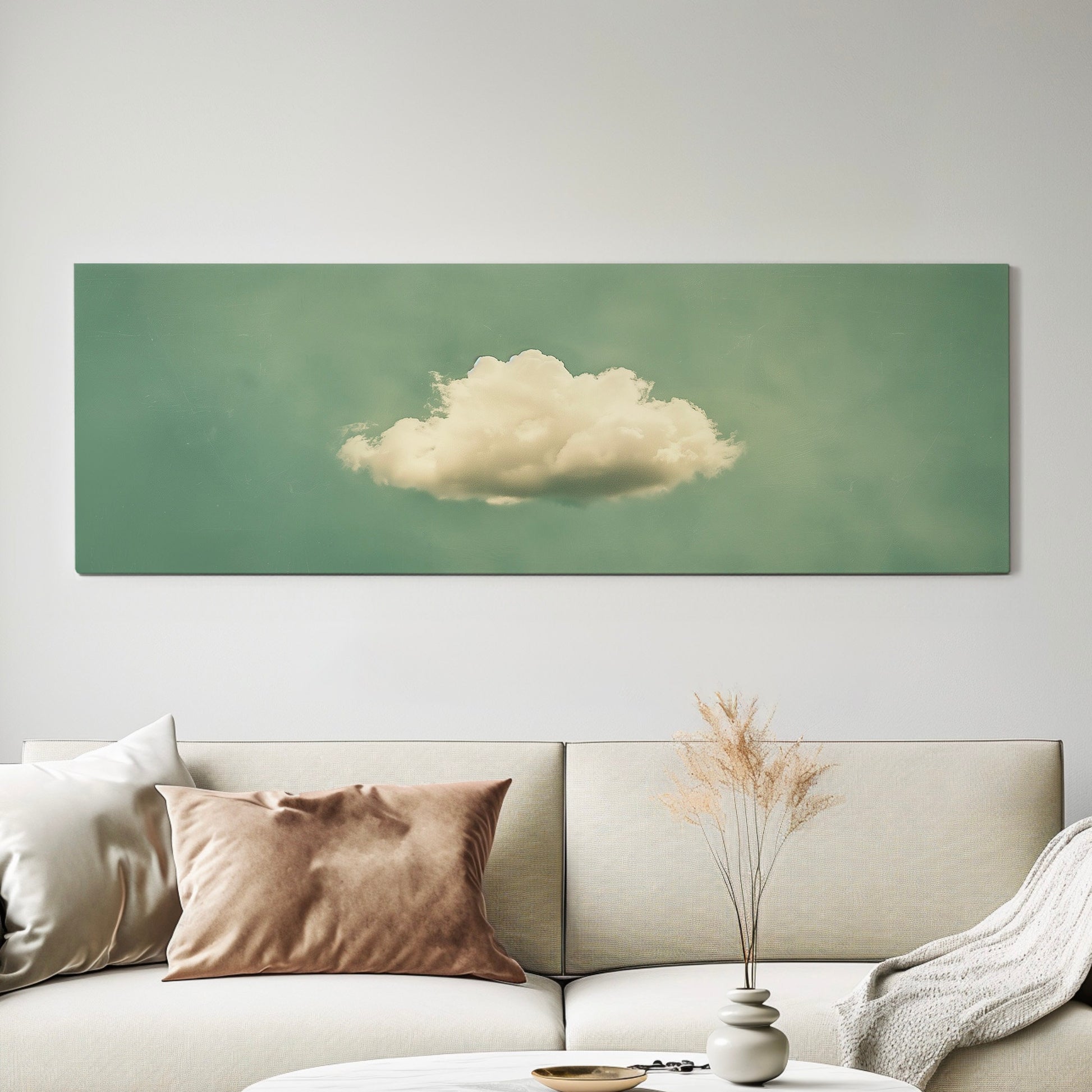 Moody Cloud Long Horizontal Wall Art For Living Room, Panoramic Sage Green Sky Canvas Print, Minimalist Decor Canvas Art