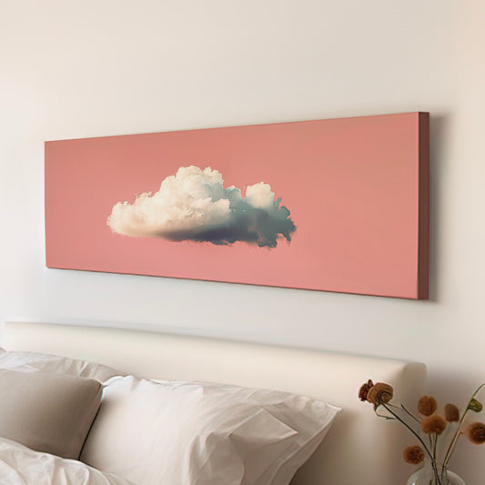 Moody Cloud Long Horizontal Wall Art For Living Room, Panoramic Pink Sky Canvas Print, Minimalist Decor Canvas Art