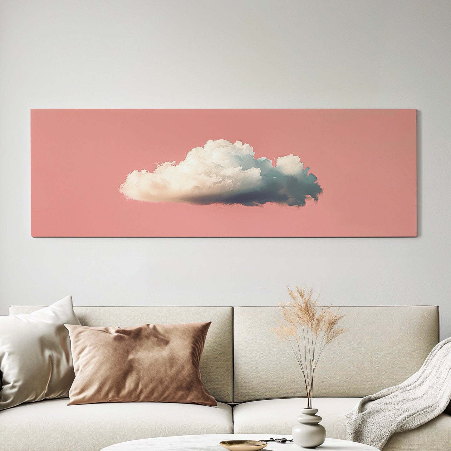 Moody Cloud Long Horizontal Wall Art For Living Room, Panoramic Pink Sky Canvas Print, Minimalist Decor Canvas Art