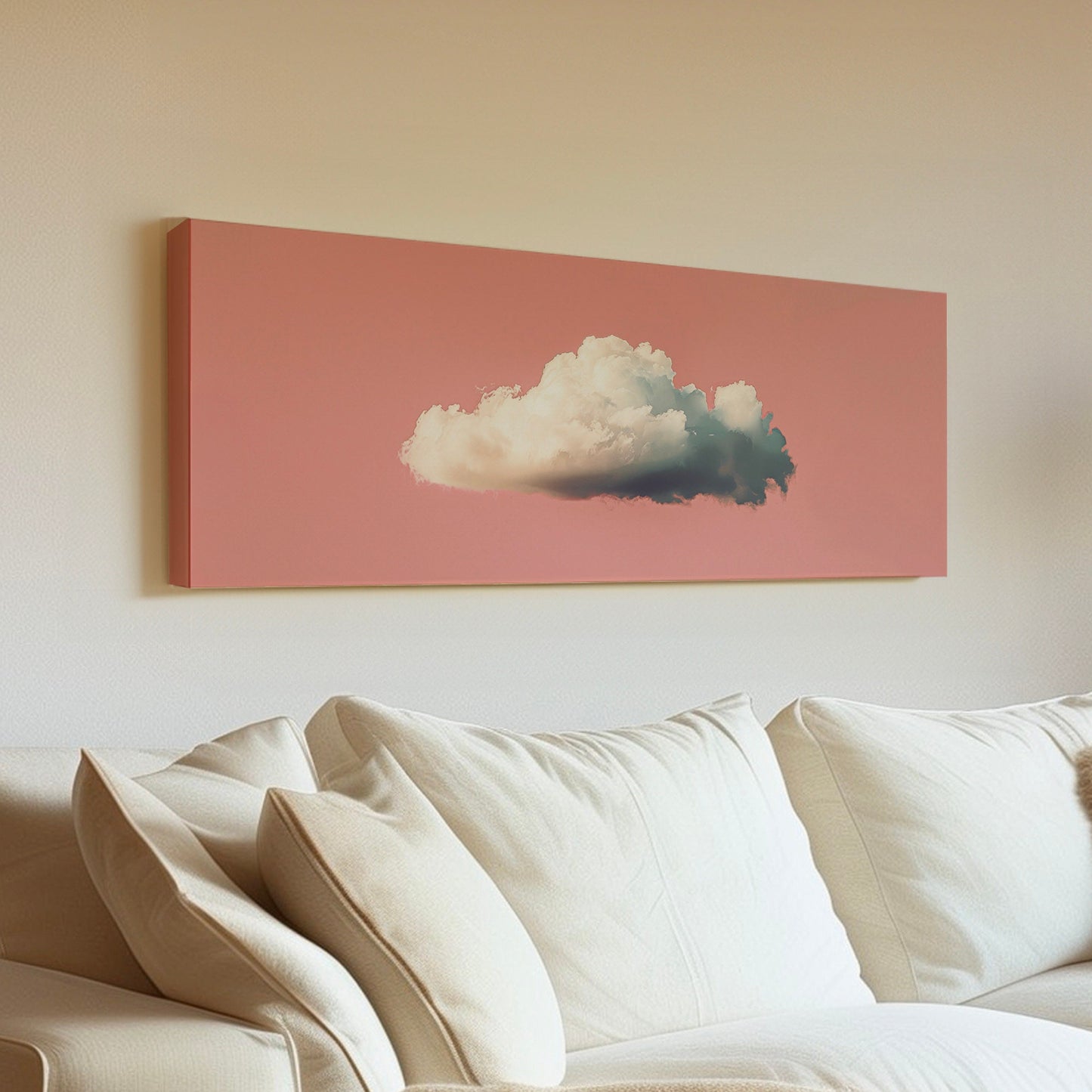 Moody Cloud Long Horizontal Wall Art For Living Room, Panoramic Pink Sky Canvas Print, Minimalist Decor Canvas Art