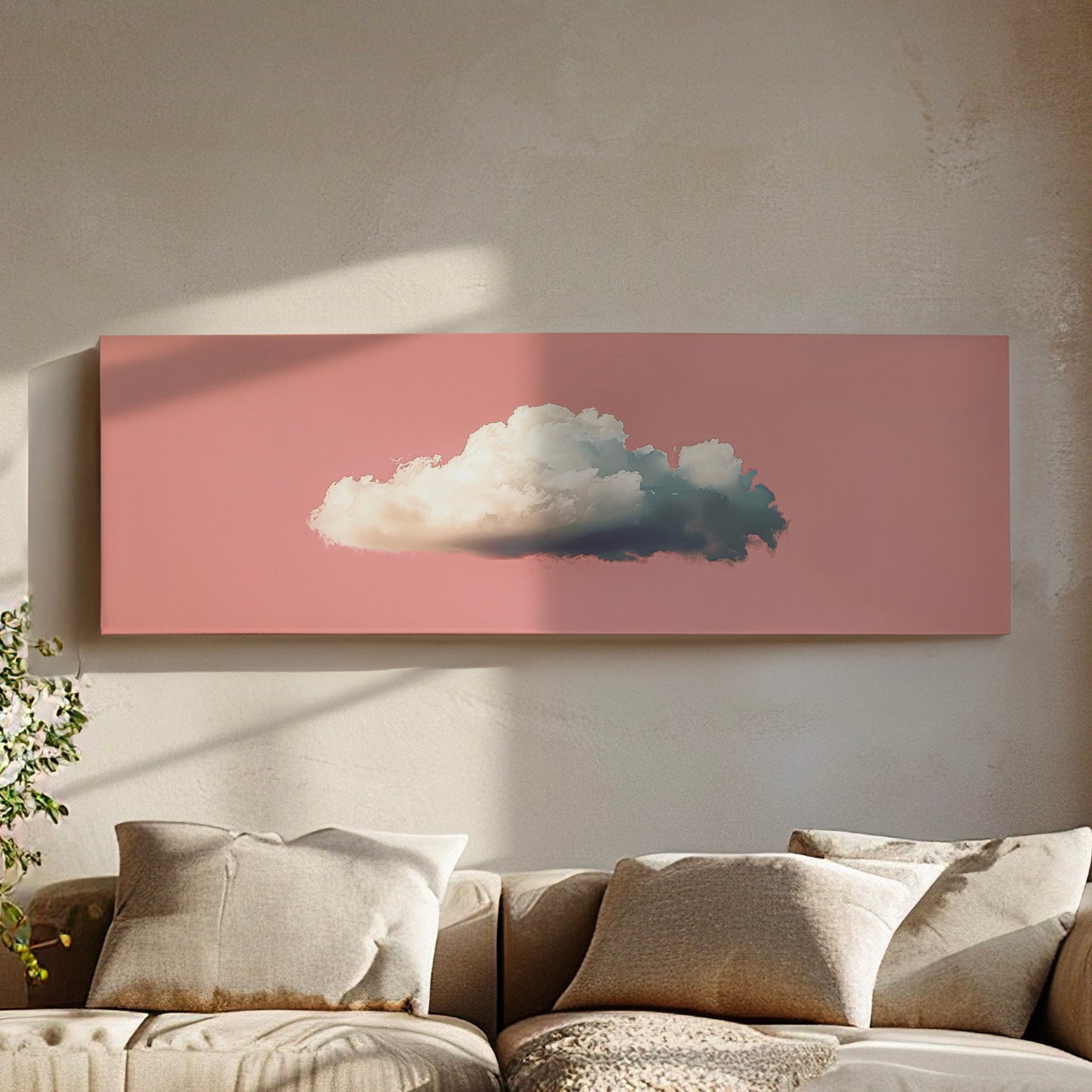 Moody Cloud Long Horizontal Wall Art For Living Room, Panoramic Pink Sky Canvas Print, Minimalist Decor Canvas Art