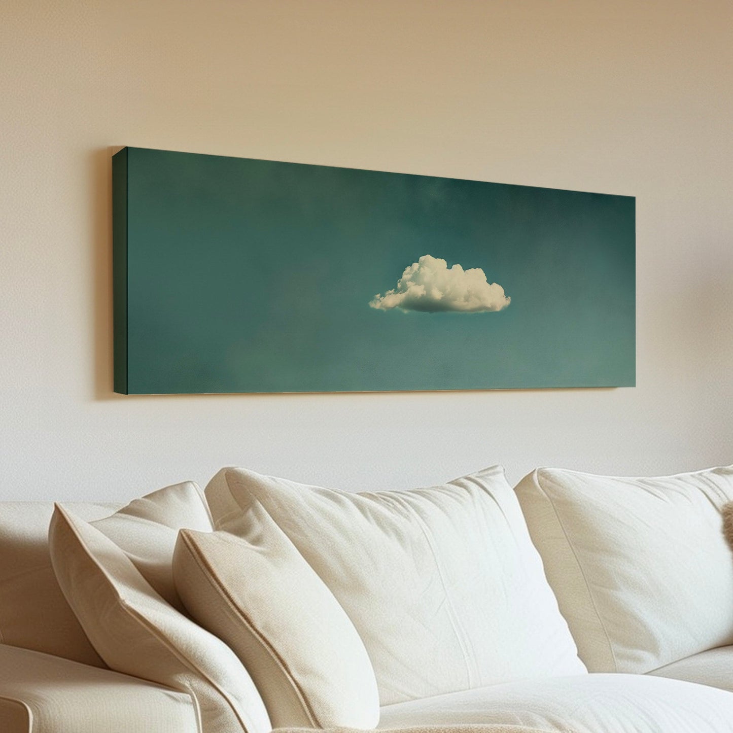 Moody Cloud Long Horizontal Wall Art Above Bed, Panoramic Peaceful Canvas Print, Minimalist Decor Canvas Art
