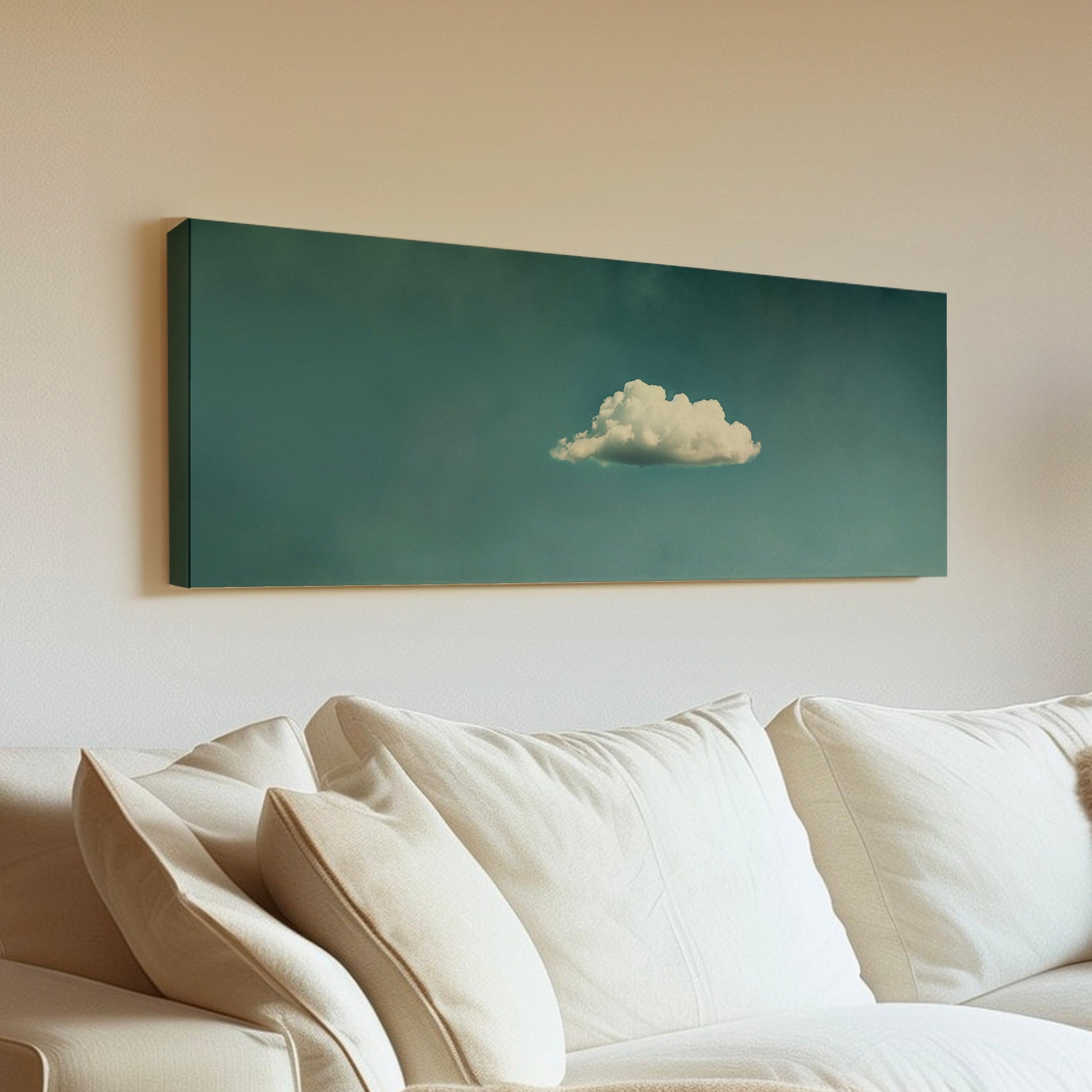 Moody Cloud Long Horizontal Wall Art Above Bed, Panoramic Peaceful Canvas Print, Minimalist Decor Canvas Art