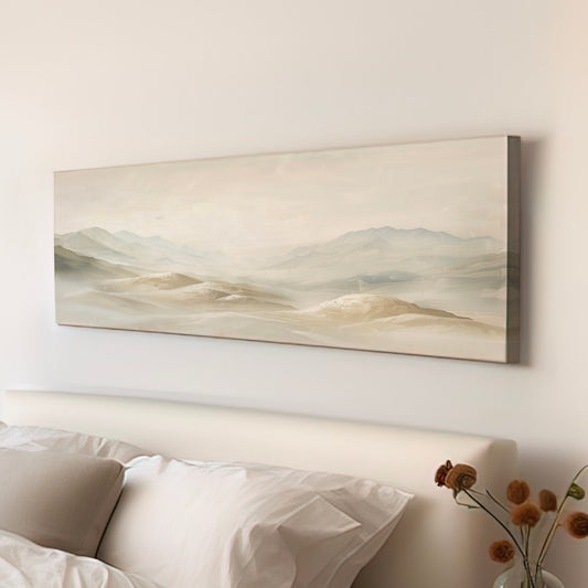 Minimalist Mountain Landscape Long Horizontal Wall Art For Living Room, Panoramic Earthy Canvas Print, Peaceful Decor Canvas Art