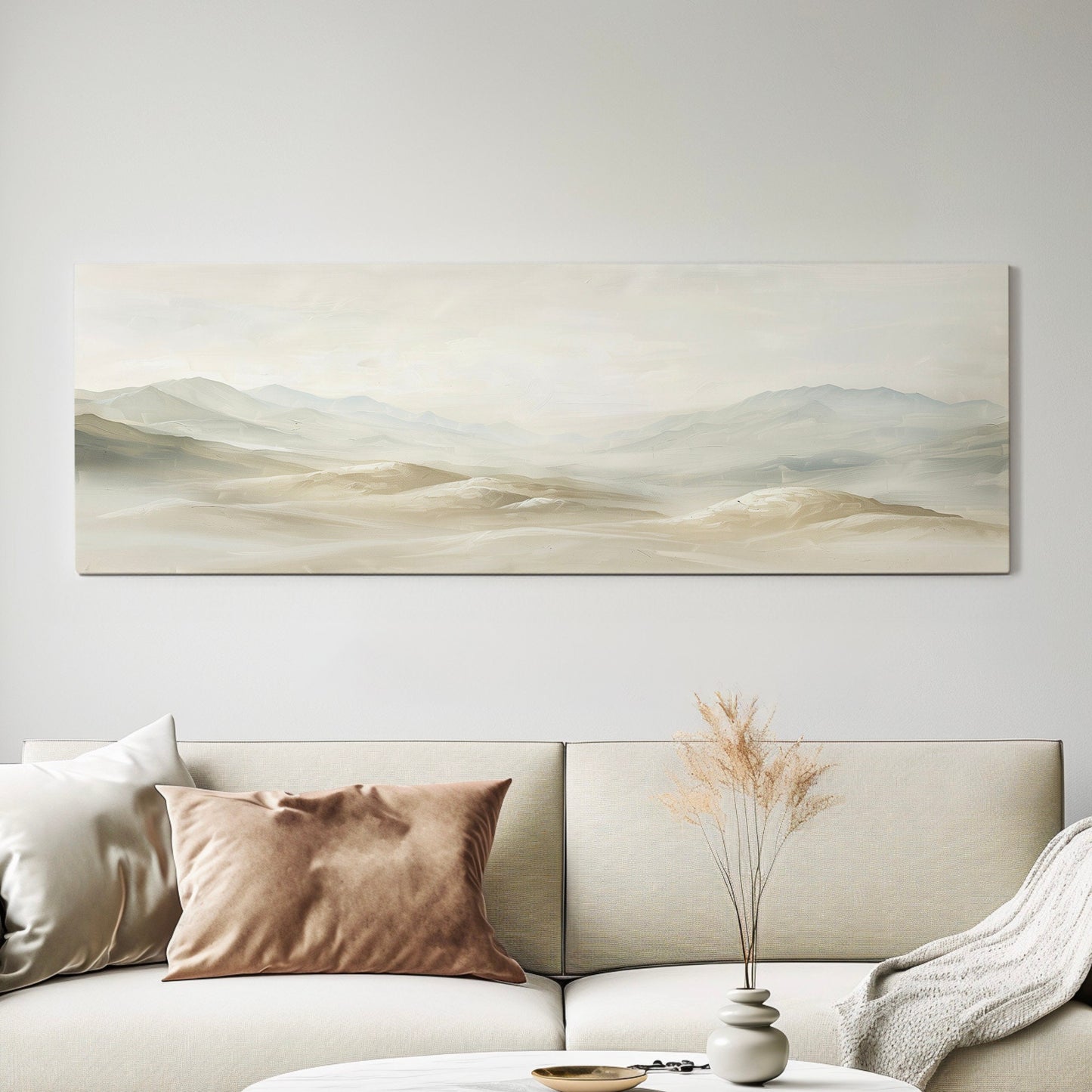 Minimalist Mountain Landscape Long Horizontal Wall Art For Living Room, Panoramic Earthy Canvas Print, Peaceful Decor Canvas Art