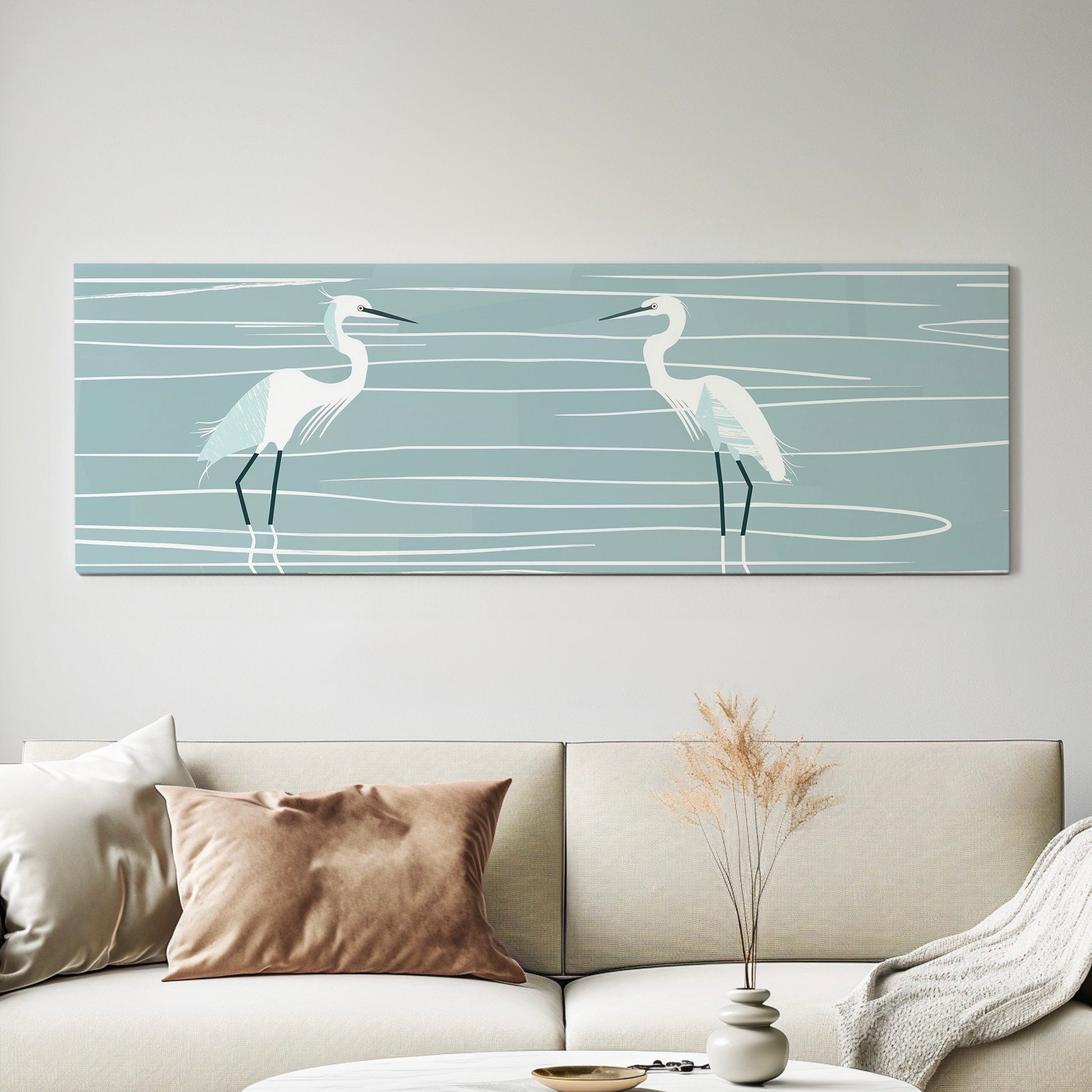 Minimalist Heron Long Horizontal Wall Art For Living Room, Panoramic Illustration Canvas Print, Peaceful Decor Canvas Art