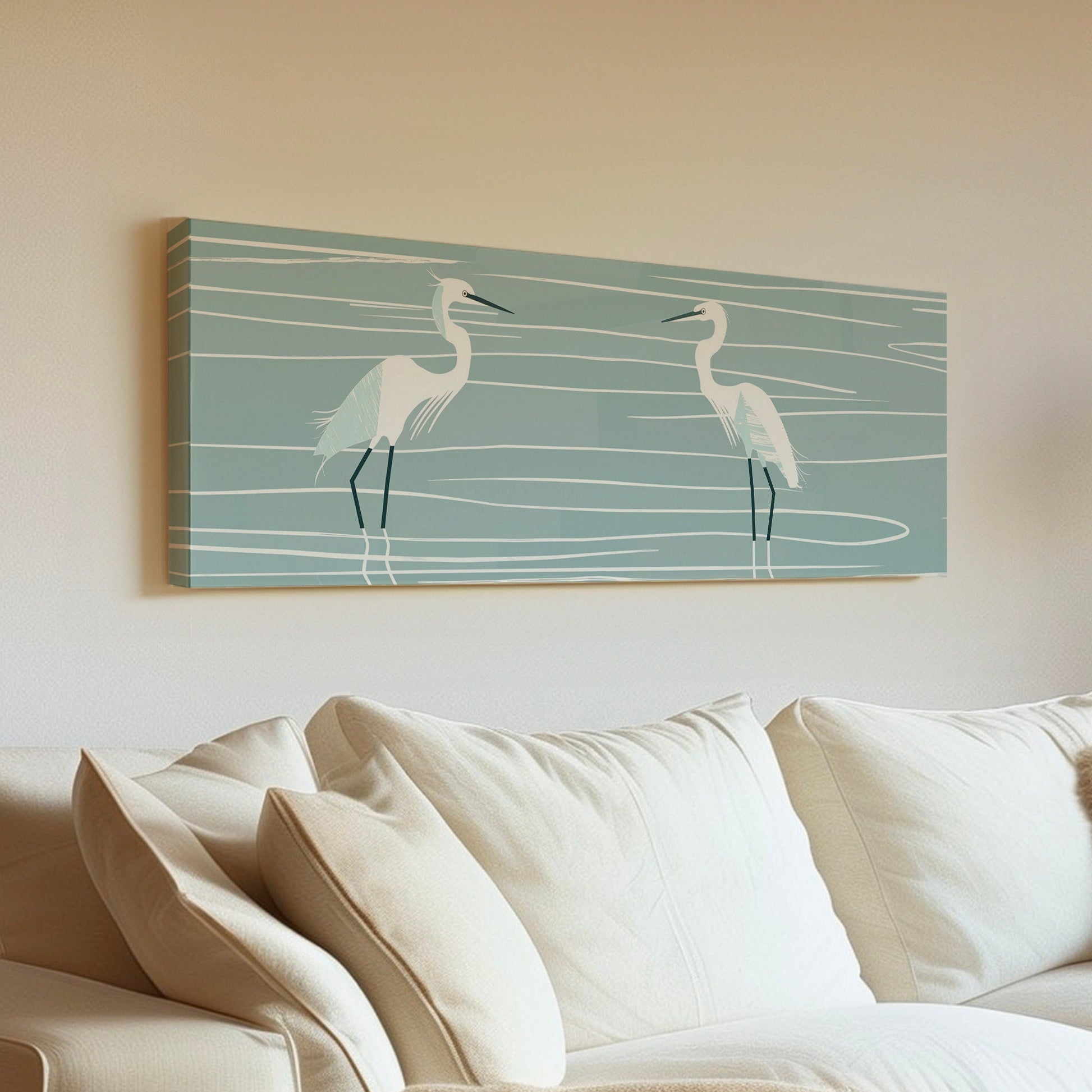 Minimalist Heron Long Horizontal Wall Art For Living Room, Panoramic Illustration Canvas Print, Peaceful Decor Canvas Art