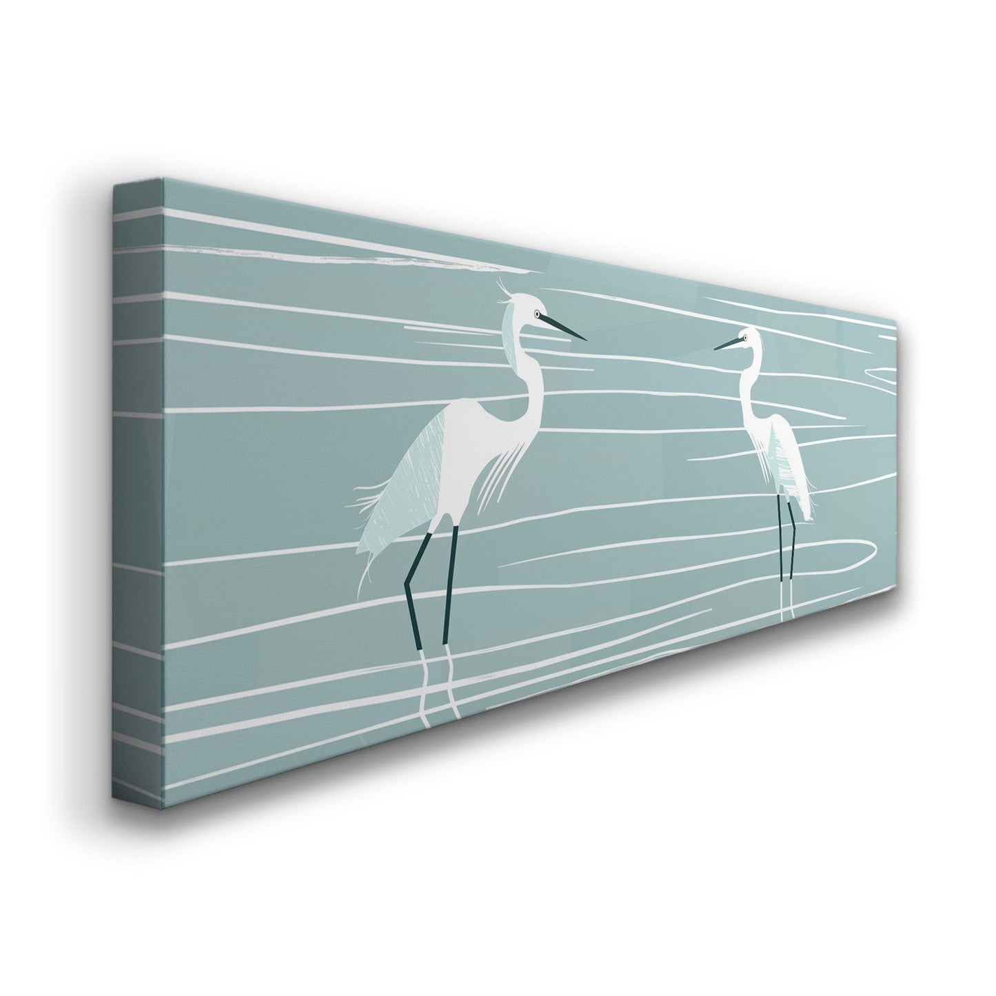 Minimalist Heron Long Horizontal Wall Art For Living Room, Panoramic Illustration Canvas Print, Peaceful Decor Canvas Art