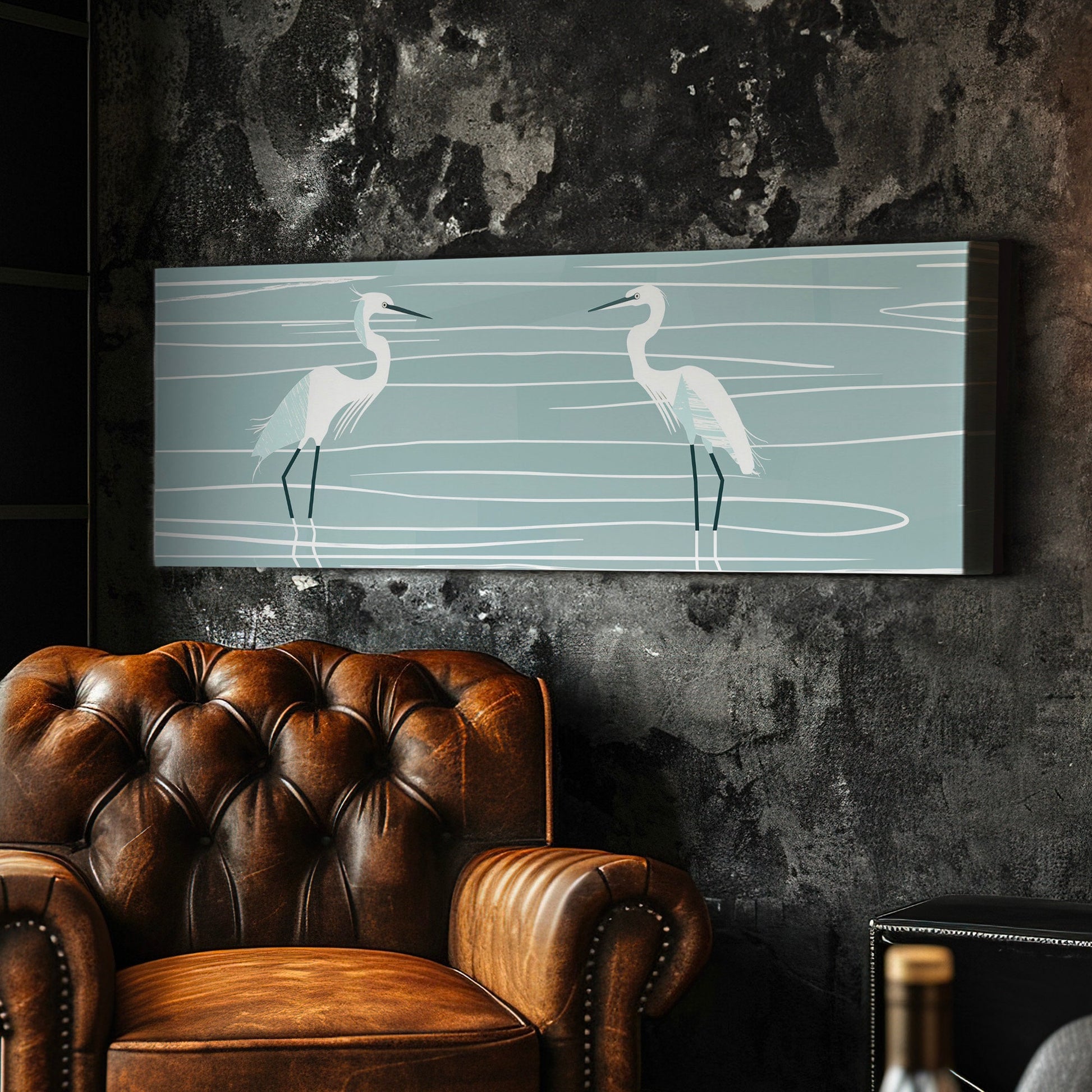 Minimalist Heron Long Horizontal Wall Art For Living Room, Panoramic Illustration Canvas Print, Peaceful Decor Canvas Art