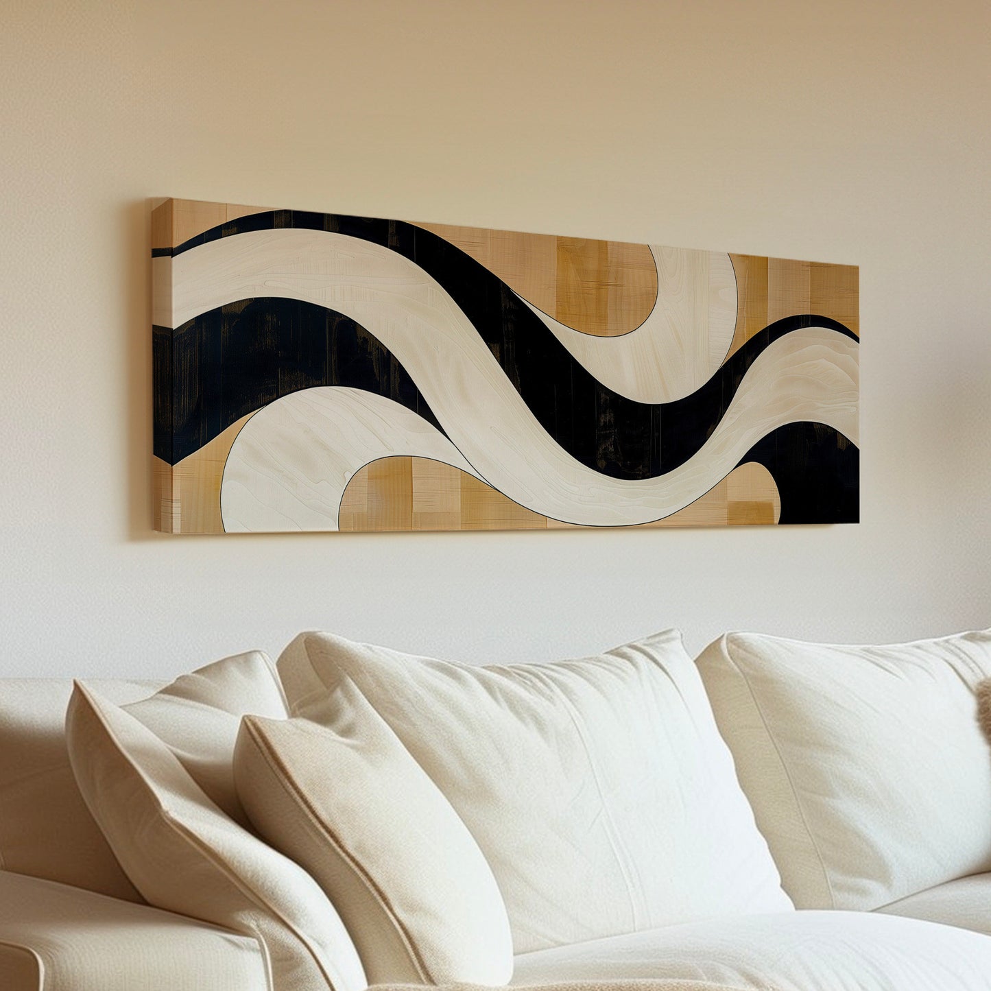 Mid Century Boho Long Horizontal Wall Art For Living Room, Panoramic Abstract Waves Canvas Print, Neutral Decor Canvas Art