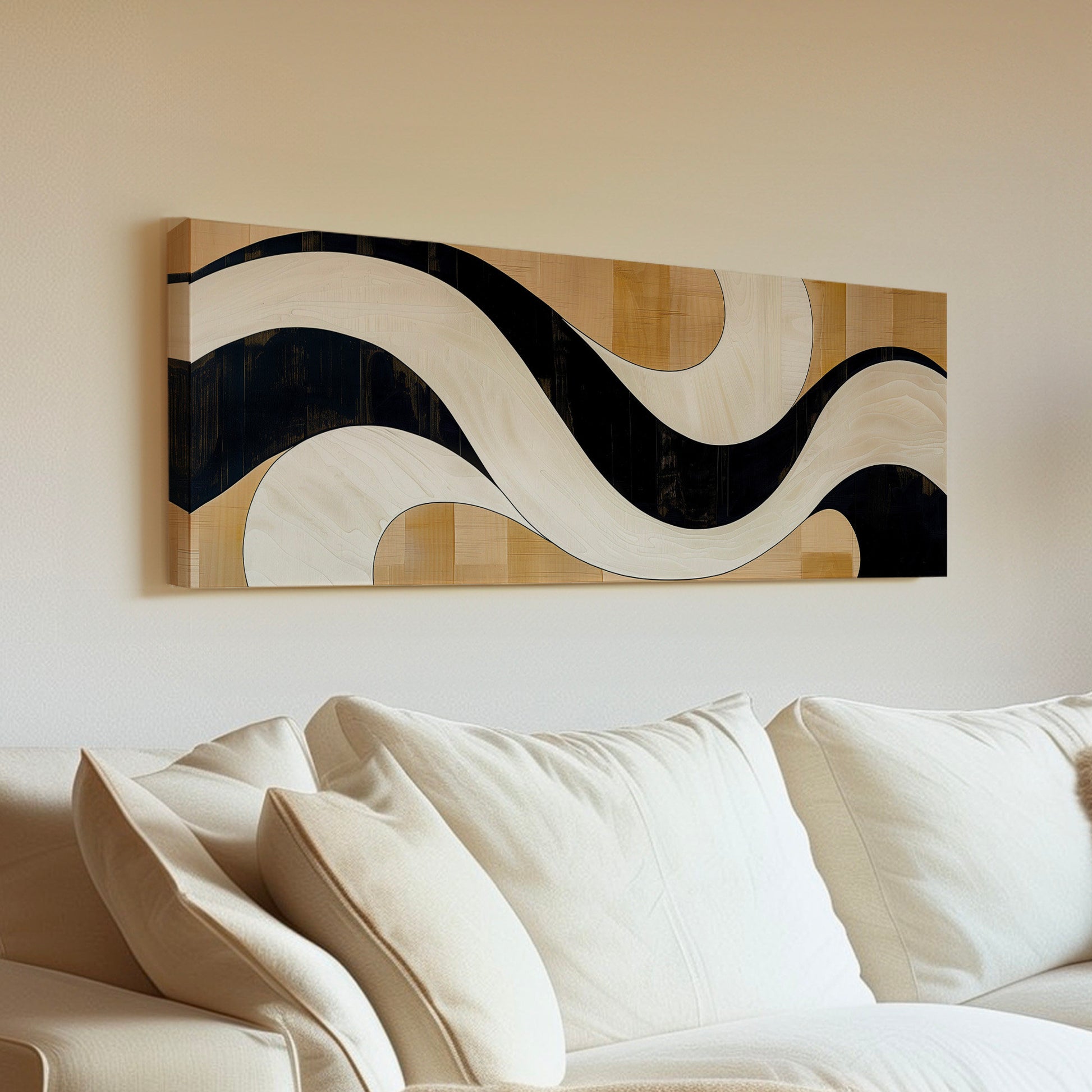 Mid Century Boho Long Horizontal Wall Art For Living Room, Panoramic Abstract Waves Canvas Print, Neutral Decor Canvas Art