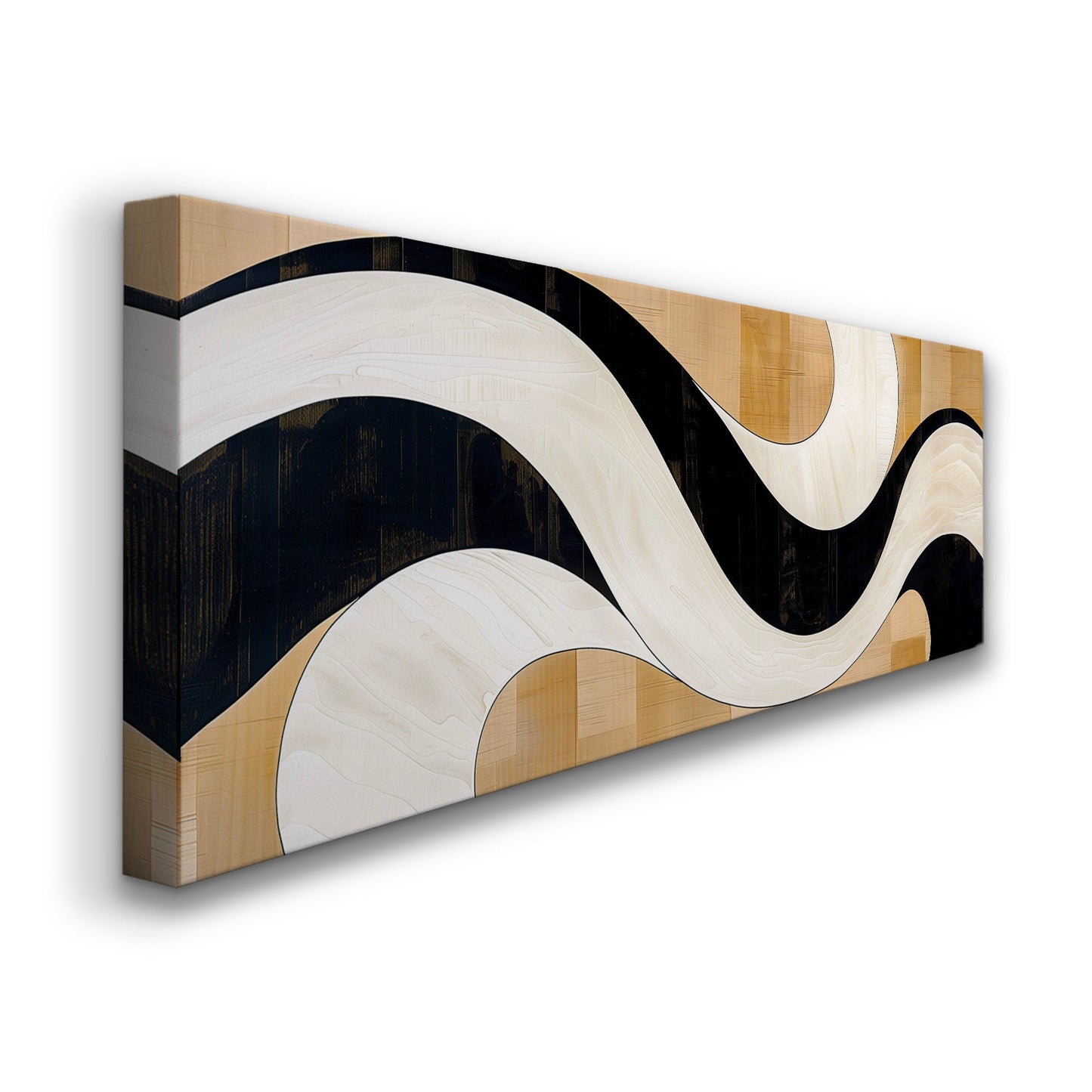 Mid Century Boho Long Horizontal Wall Art For Living Room, Panoramic Abstract Waves Canvas Print, Neutral Decor Canvas Art