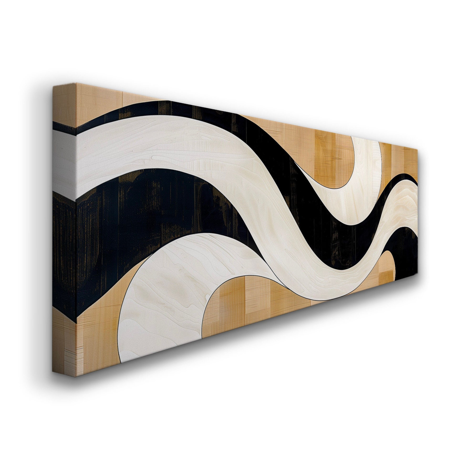 Mid Century Boho Long Horizontal Wall Art For Living Room, Panoramic Abstract Waves Canvas Print, Neutral Decor Canvas Art