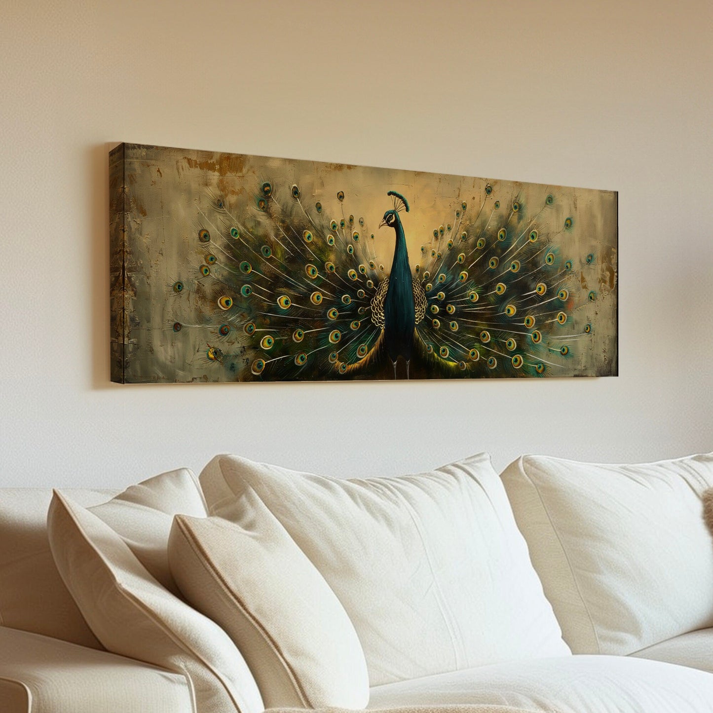 Majestic Peacock Long Horizontal Wall Art Above Bed, Panoramic Peaceful Canvas Print, Beautiful Feathers Decor Canvas Art