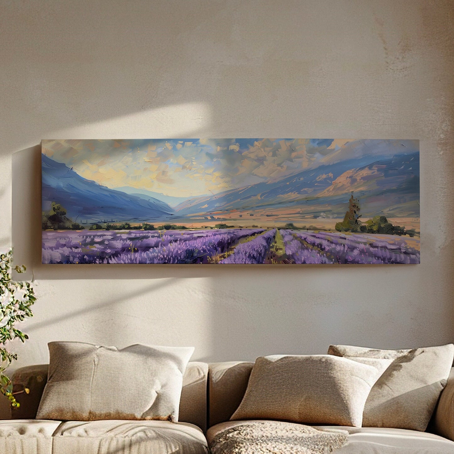 Lavender Field Long Horizontal Wall Art For Living Room, Panoramic Beautiful Flower Canvas Print, Farmhouse Decor Canvas Art