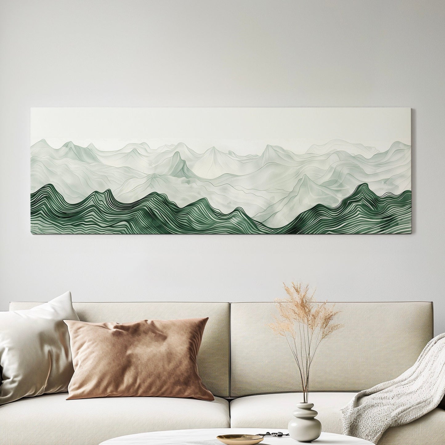 Landscape Sage Green Drawing Long Horizontal Wall Art Above bed, Panoramic Abstract Canvas Print, Minimalist Decor Canvas Art