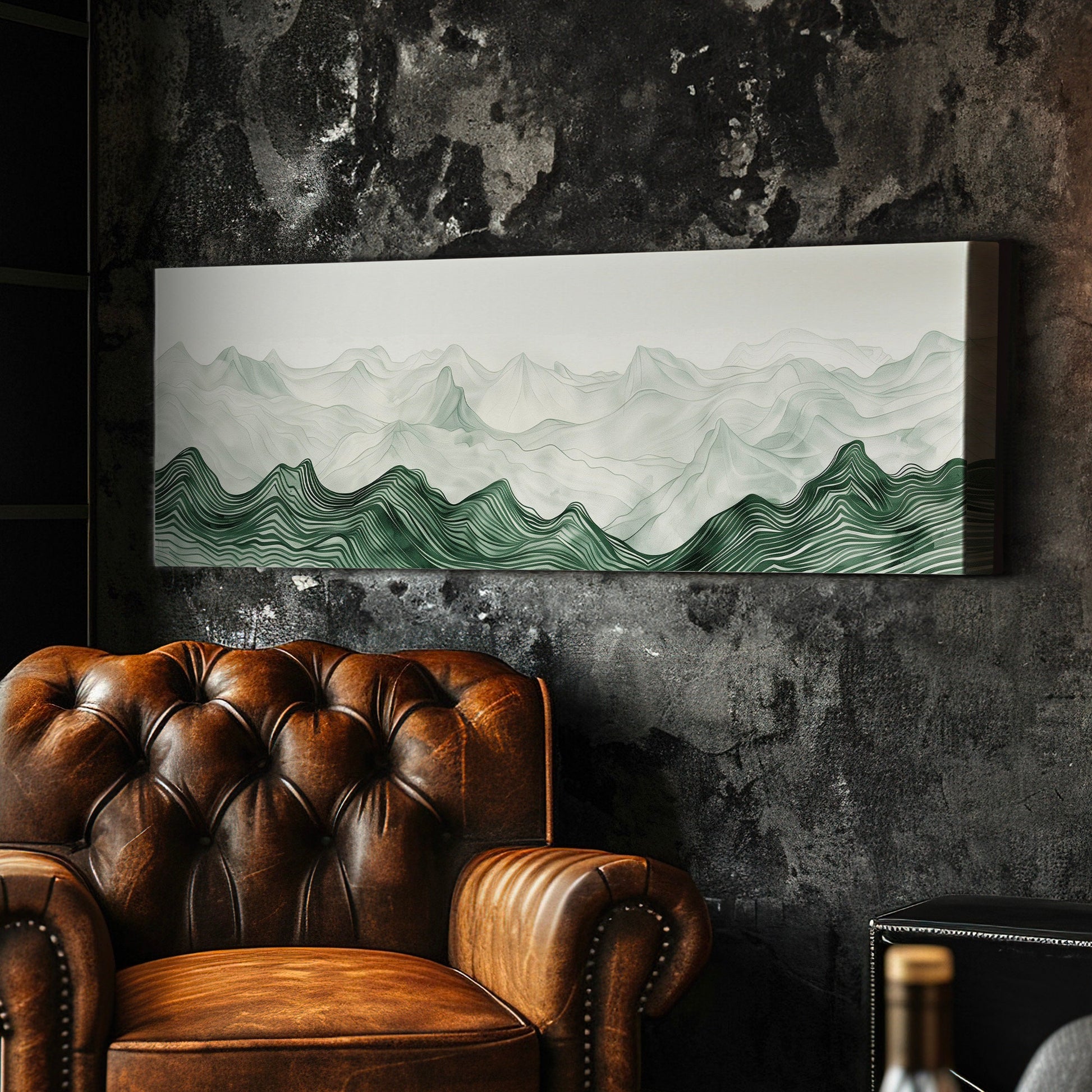 Landscape Sage Green Drawing Long Horizontal Wall Art Above bed, Panoramic Abstract Canvas Print, Minimalist Decor Canvas Art